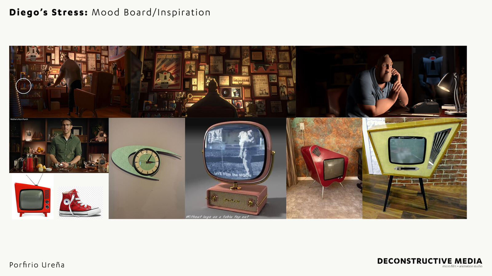 Inspirations for the look. The office was mainly inspired by Mr. Incredible's office due to the lighting.