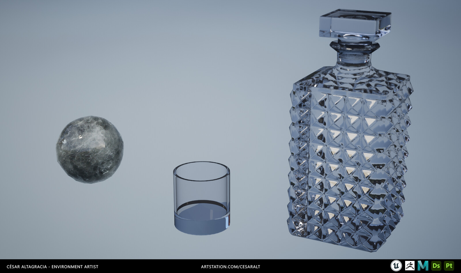 Ice ball and glass materials created for the side table, using Unreal's robust material editor.