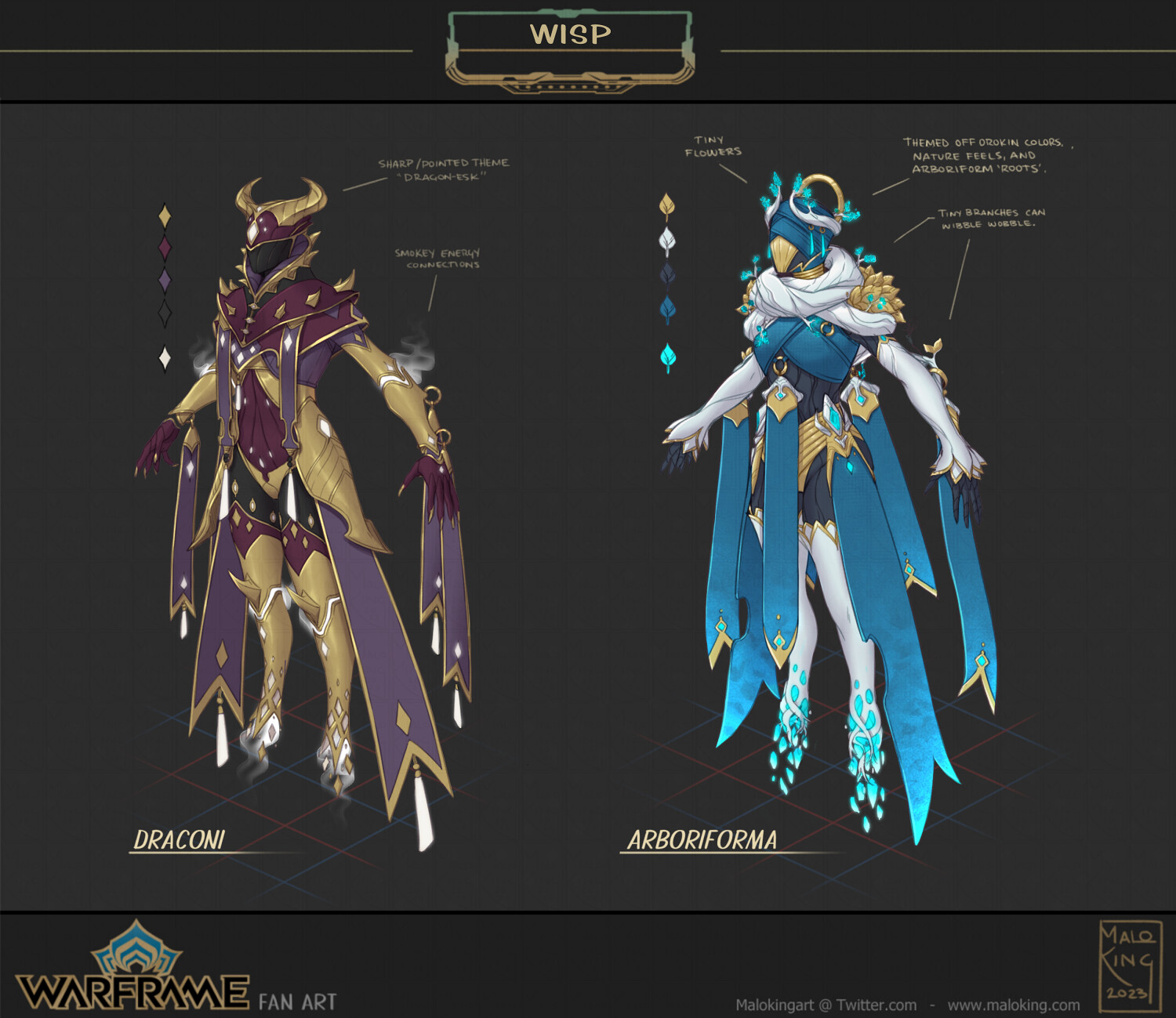 Draconi - Just kept thinking of the helm and magicy things and let the pen go. lol
Arboriforma - Idea based off the white Orokin root/nerve structures that grow/are used all over. 