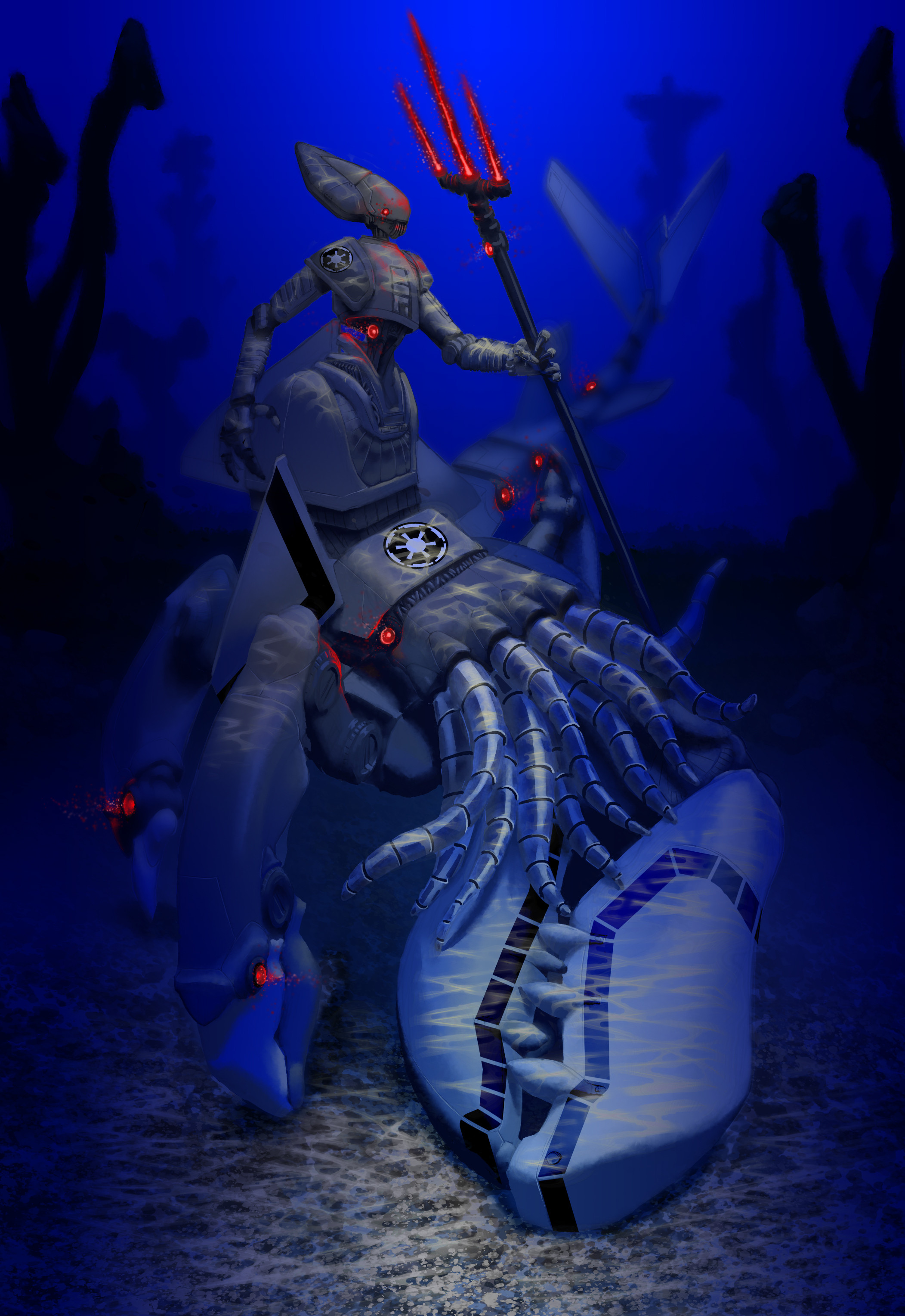 Diving into the frigid mysteries of the deep sea, the Imperial Deep Sea Droid emanates a chilling glow. Armed with its trident lightsaber, it blazes a trail of exploration and discovery.