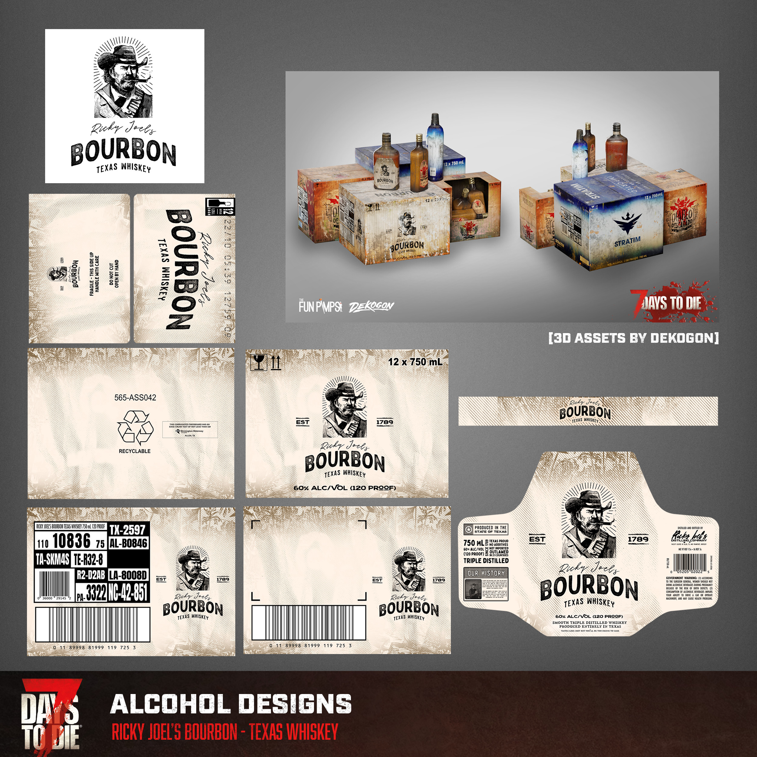 For the Bourbon, I wanted to really sell that "Old Country Fella" vibe that Whiskey tends to aim for. I ended up referencing "Ricky Joel", an amalgamation of the company's founders. 