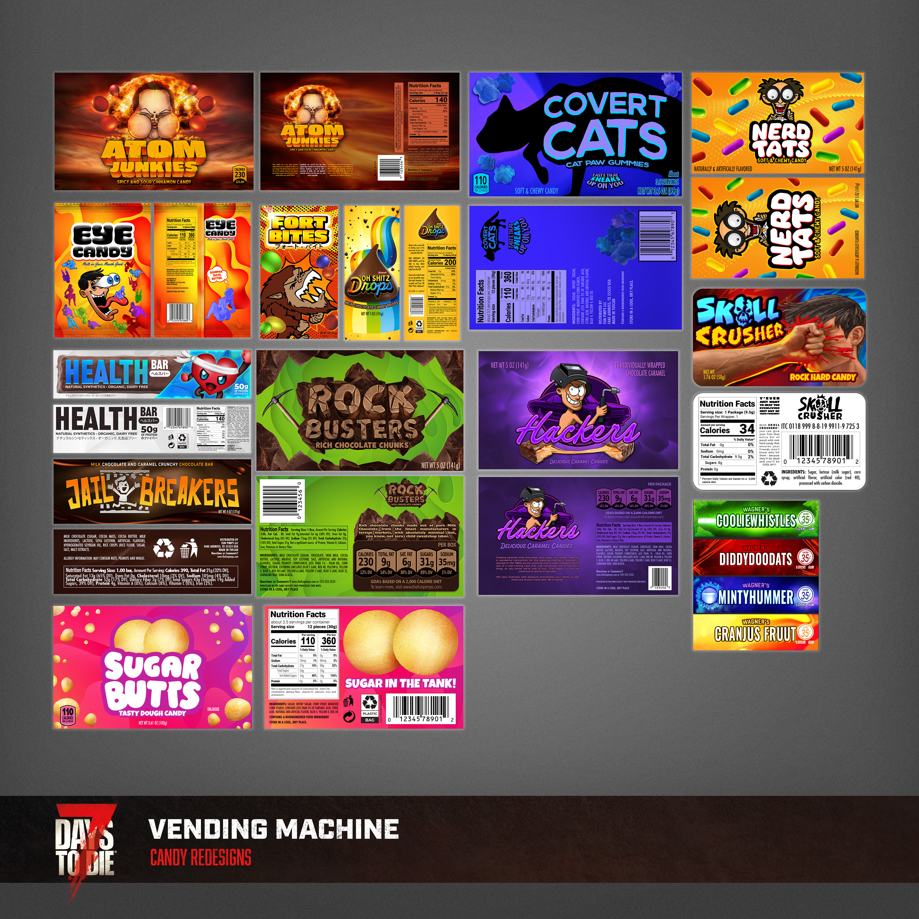 Collection of all of the Candy Redesigns I made for the Vending Machine. I used a mixture of my own art, blender rendering, and stock image assets to quickly remake existing assets in the game.