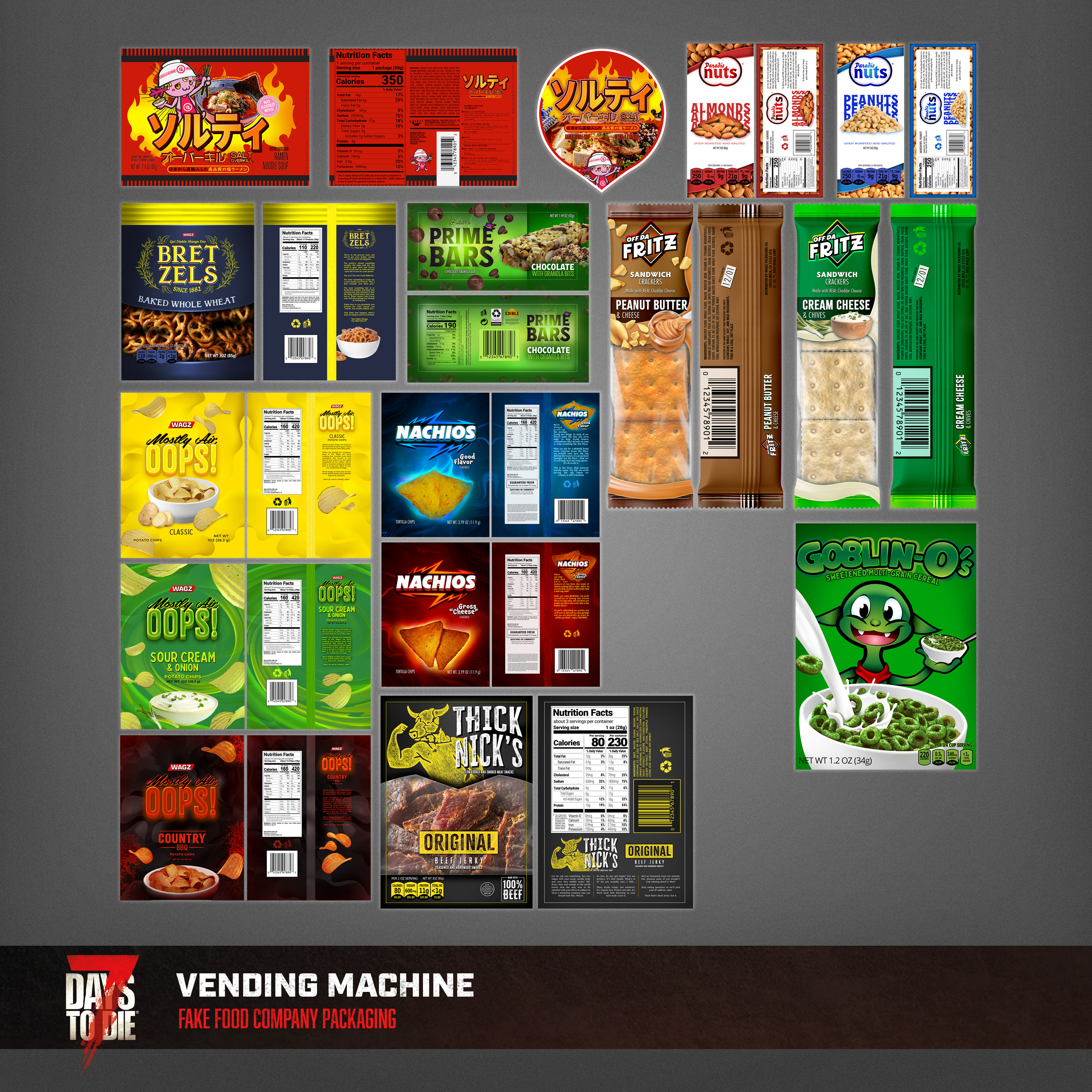Collection of all of the new brands I made for the Vending Machine. These were a bit more custom, although I took every opportunity to use stock images in certain areas. 