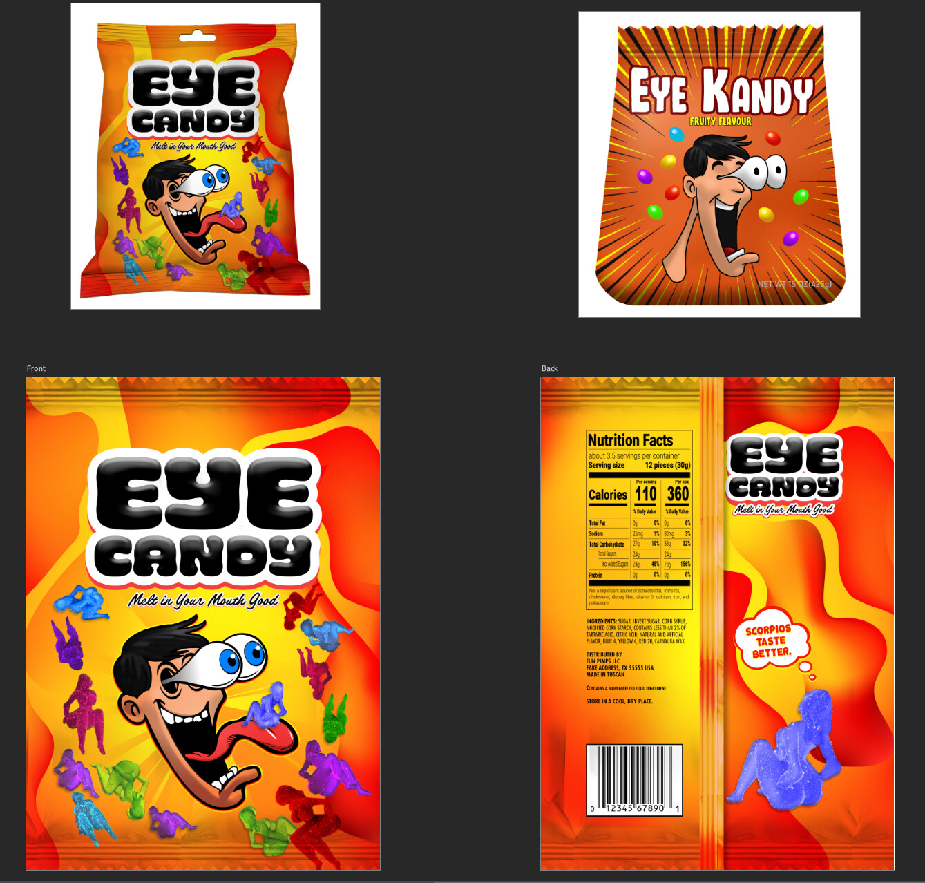 "Eye Kandy" originally didn't have much of its own identity. I played around with the concept and made a heavily rough female body shape, then (using tutorials) used Geometry Nodes in Blender to get the "sour candy" look. 