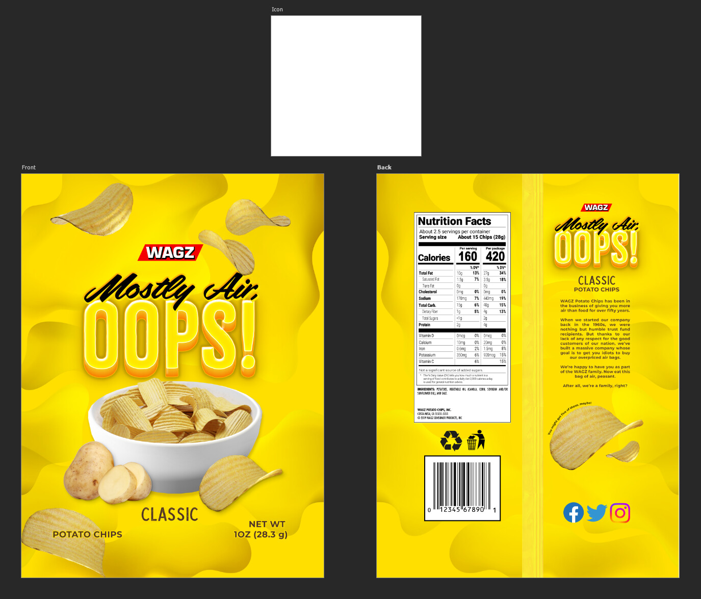 The chip bags are a good example of my custom 3D work on this project - some are modeled, others are modified from existing Adobe 3D stock. I lit and rendered the chips myself into the positions I wanted.