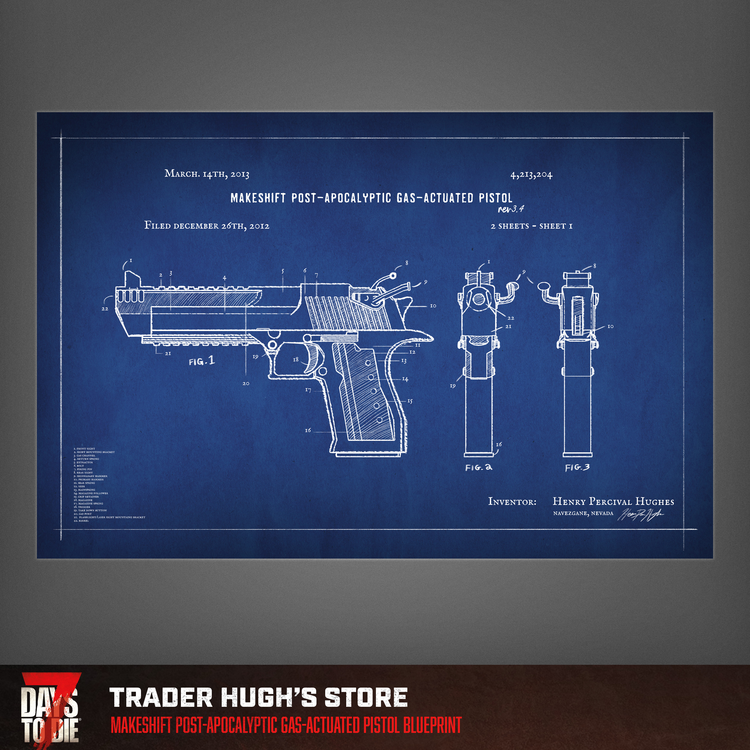(Note: Inaccuracies fixed in final version)

The "gas actuated pistol" Desert Eagle inspired pistol was a blast to sketch out. I rendered out views of the pistol using Blender and then did a drafting-table style chalk drawing on the outlines.