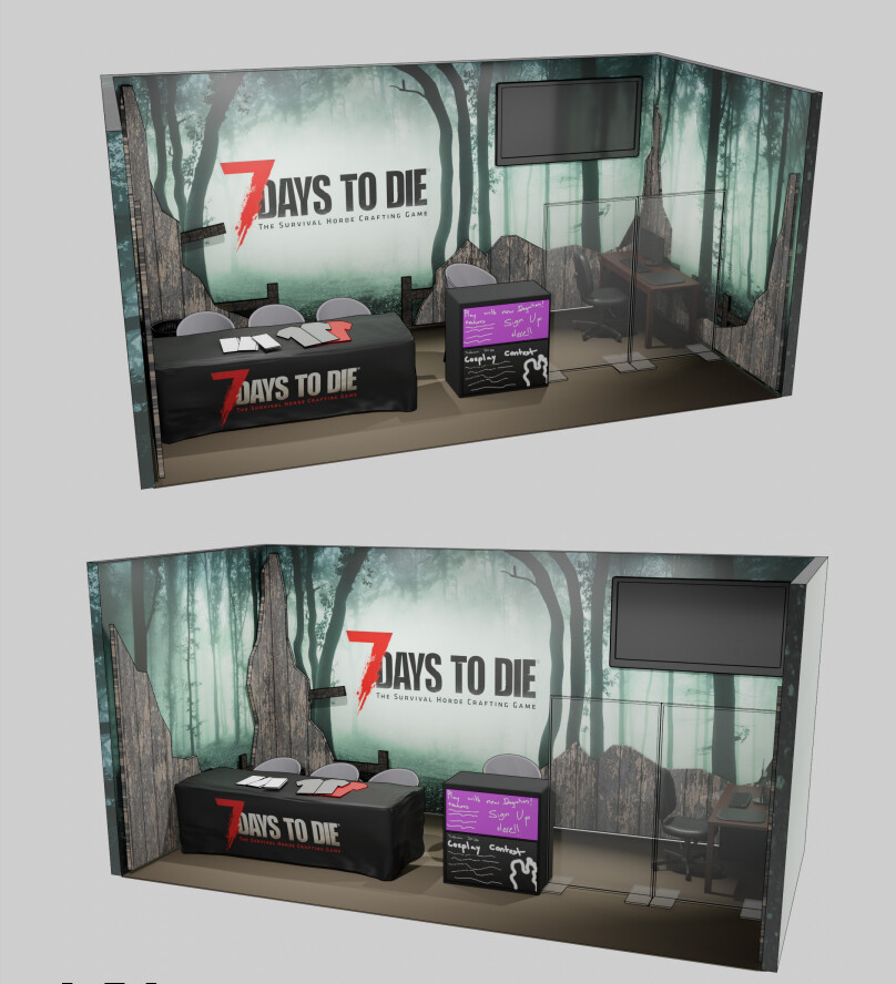 Initial 3D concept of the booth's design. I used Blender's built in scale measurements to get the rough idea of how large pre-purchased booth elements would be.