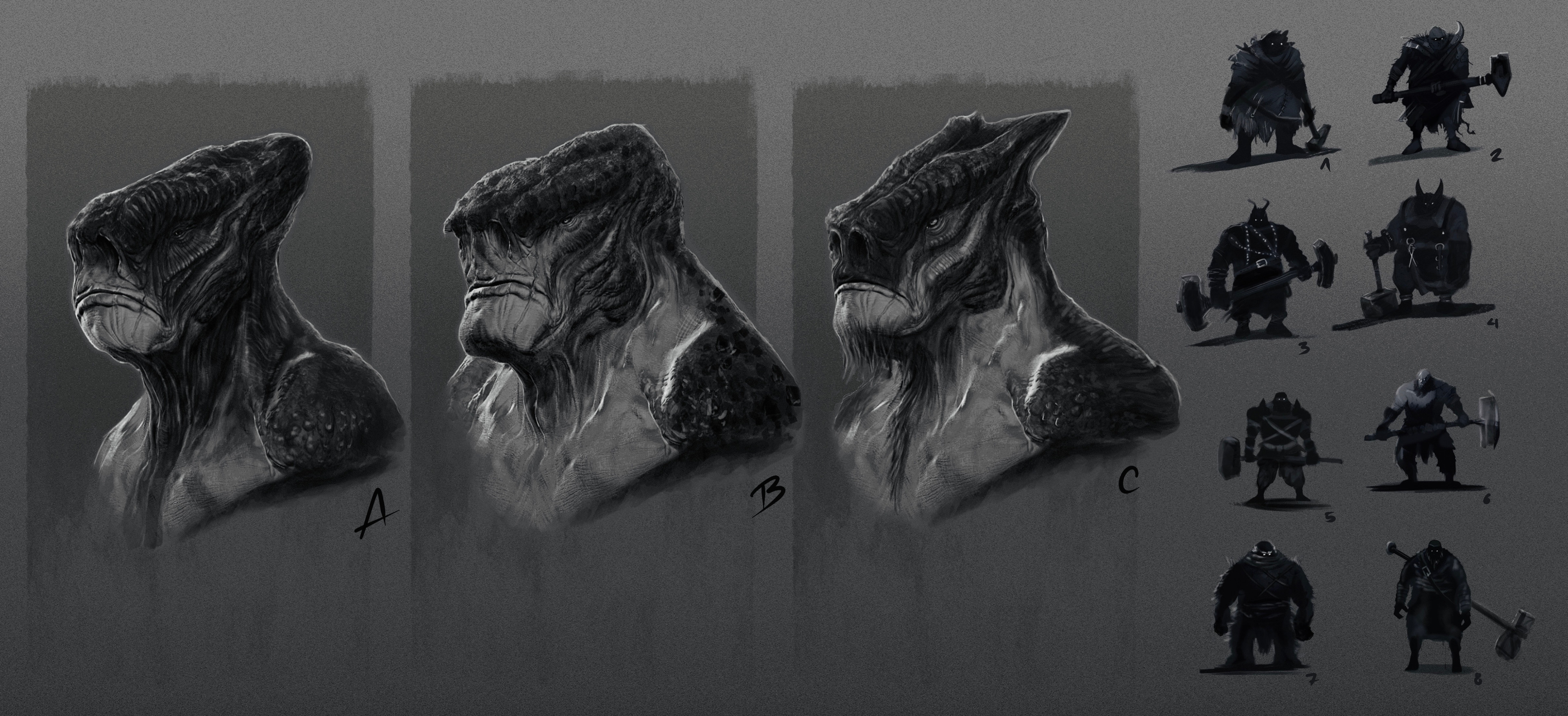 Exploration silhouettes and thumbnails. I was looking for a bulky form, not scary but yet threatening.