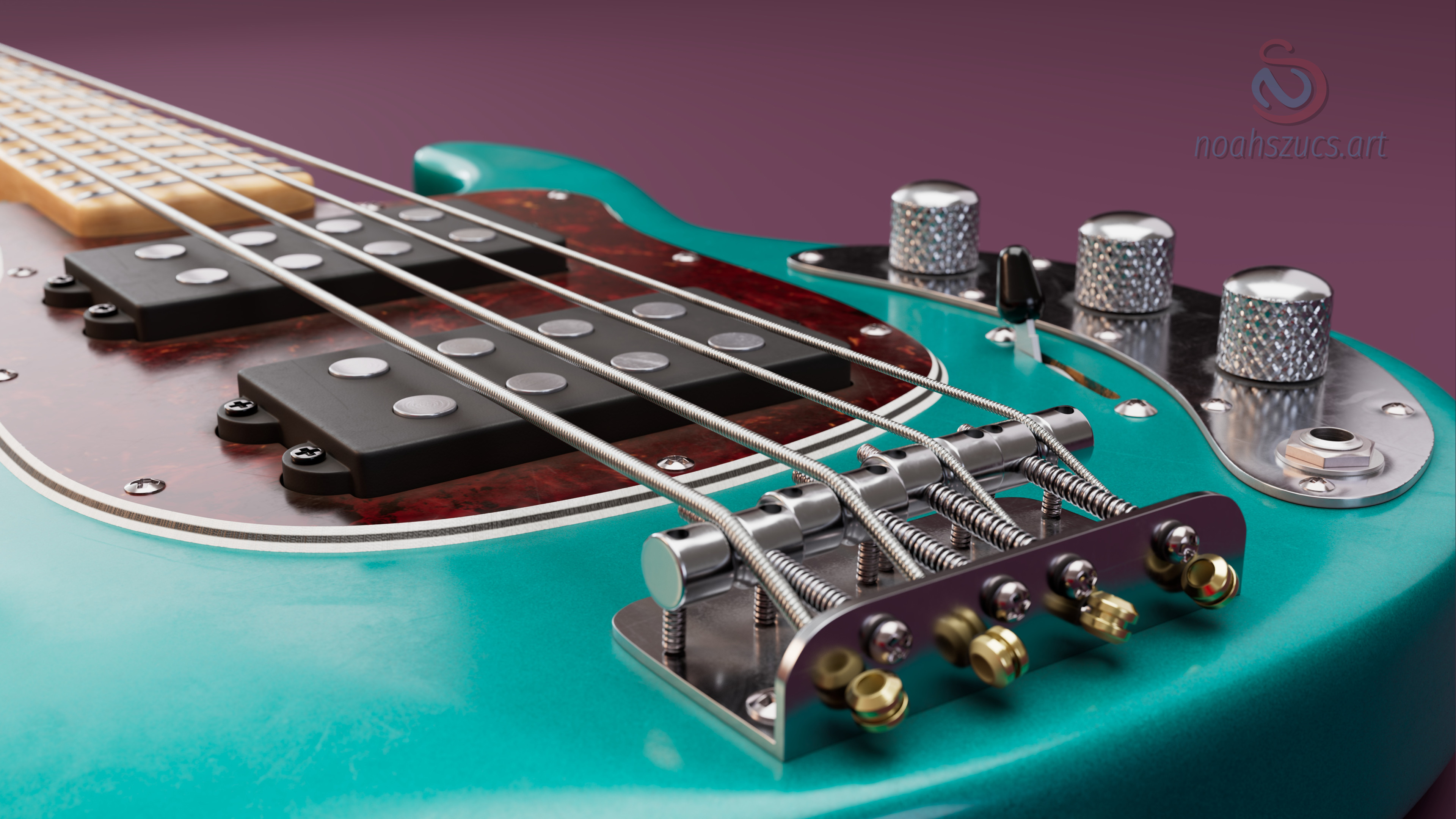 The turquoise body of the bass was created with an Arnold car paint material as its base layer.  I then used nodes to add another layer of grunge that was created in Substance Painter on top.