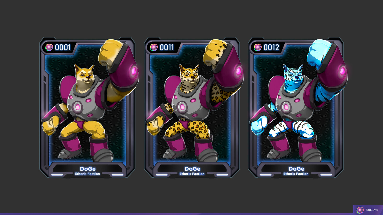 NFT cards. I applied a cell-shading shader to the character in Blender, and I further enhanced the composition making asset variations using Photoshop.
