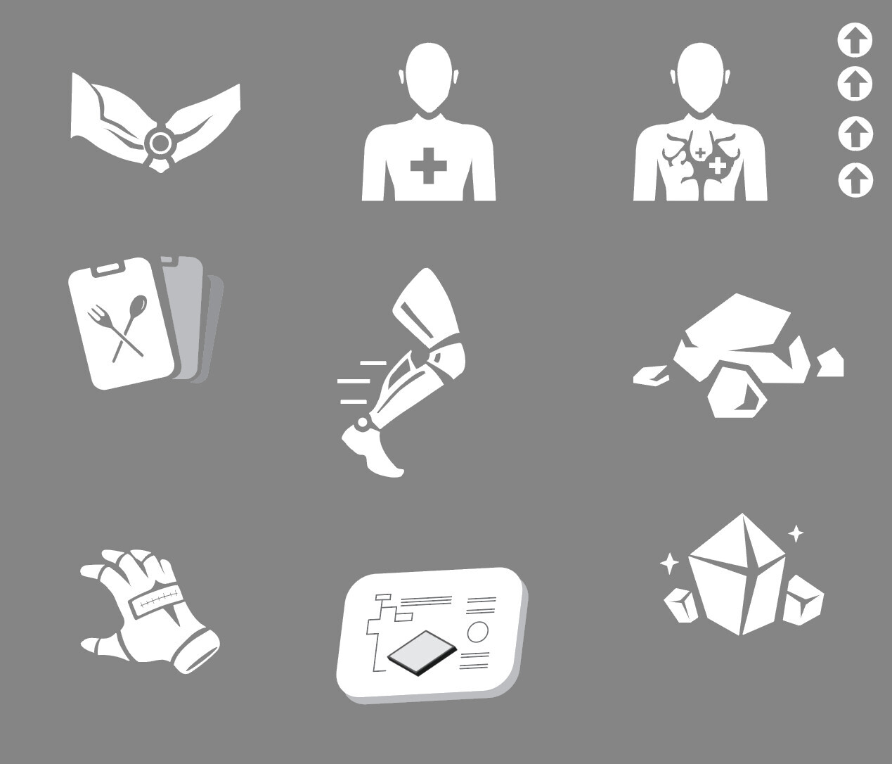 Icons for the stats and proficiencies upgrades, like improved Health Regen, movement speed, mining, cooking, etc