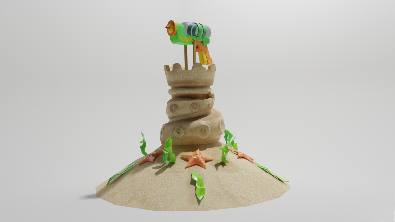 The game has three different tower types, of which I modeled two, including this "basic" one. The shading on the sand, seaweed and starfish are hand painted.