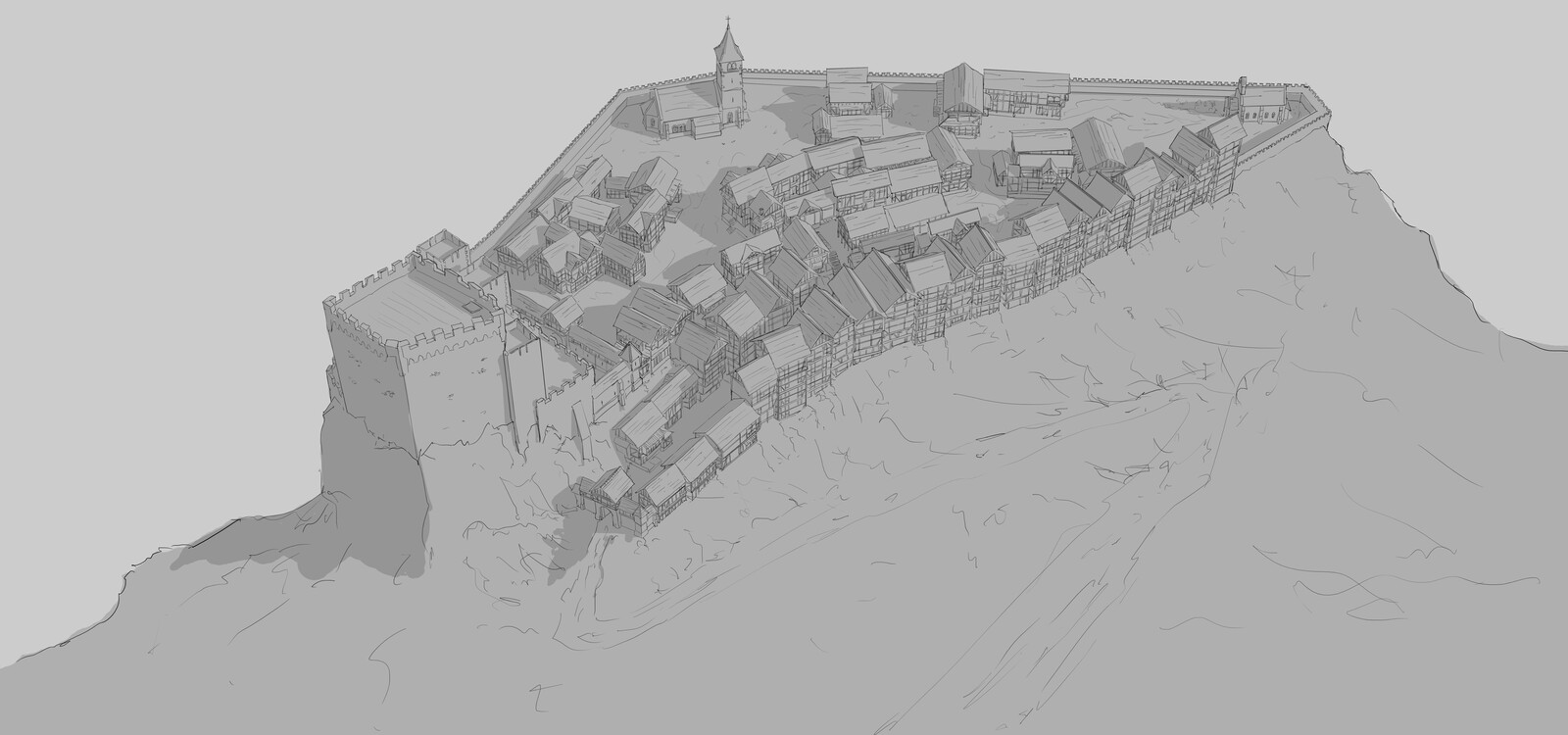 Medieval town lineart concept sketches