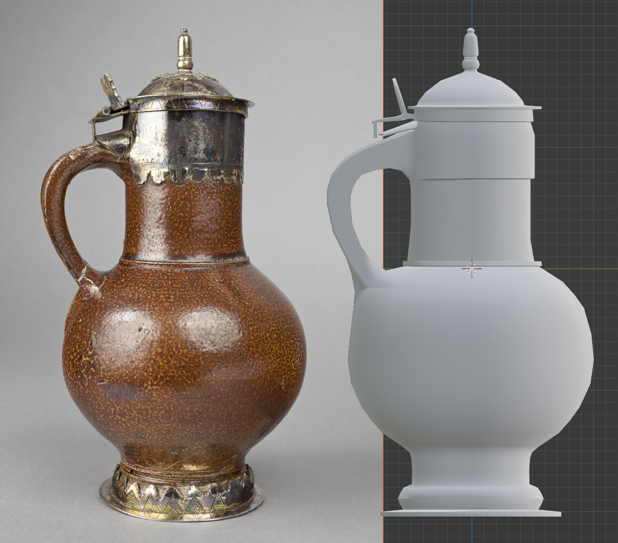Work in progress screenshot of the lidded jug in Blender with a reference photo next to it.