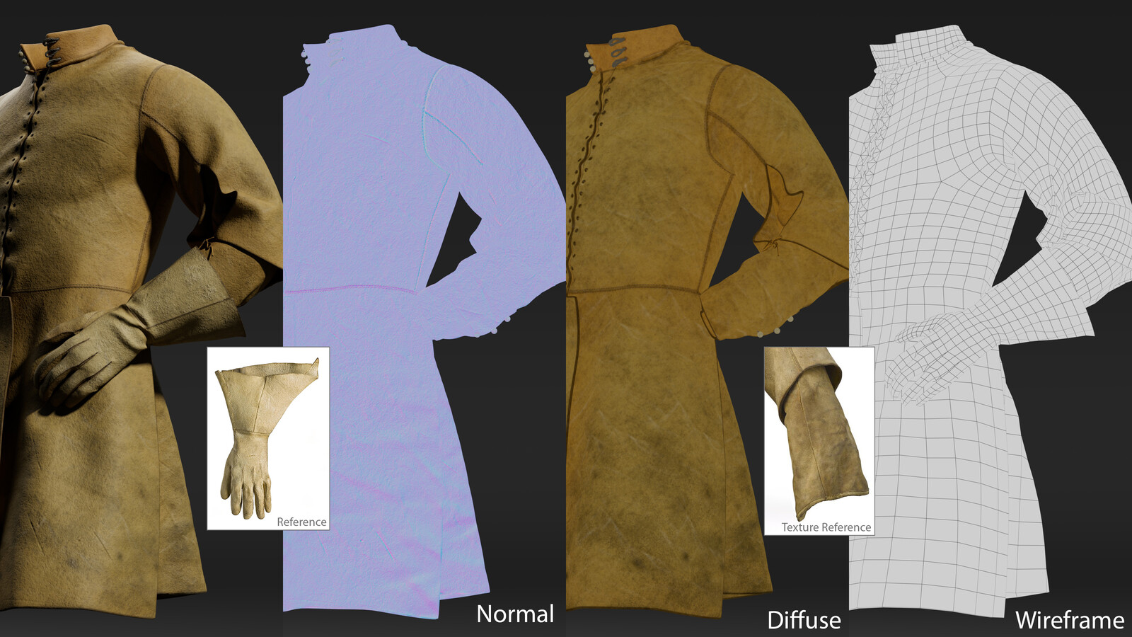 Buff coat : Marvelous Designer was used to achieve a more realistic look on the buff coat and gloves.