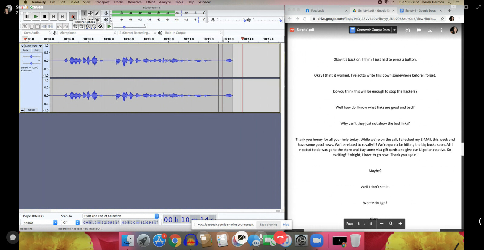 Directed voice actor over script of various dialogue barks