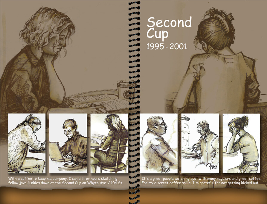 Random coffee shop sketches painted with coffee. From the first book