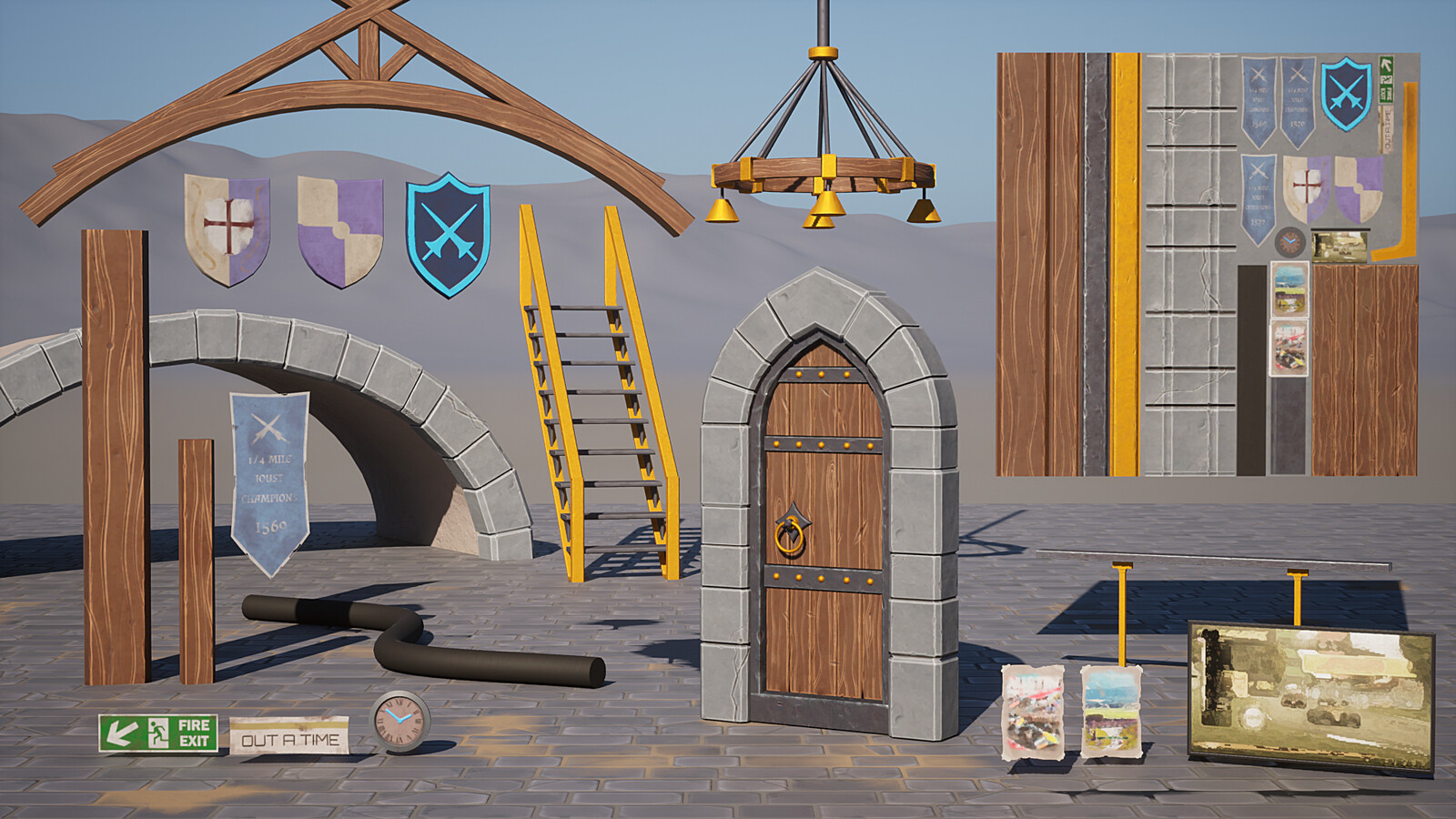 Trim sheet and addition props painted in Substance Painter