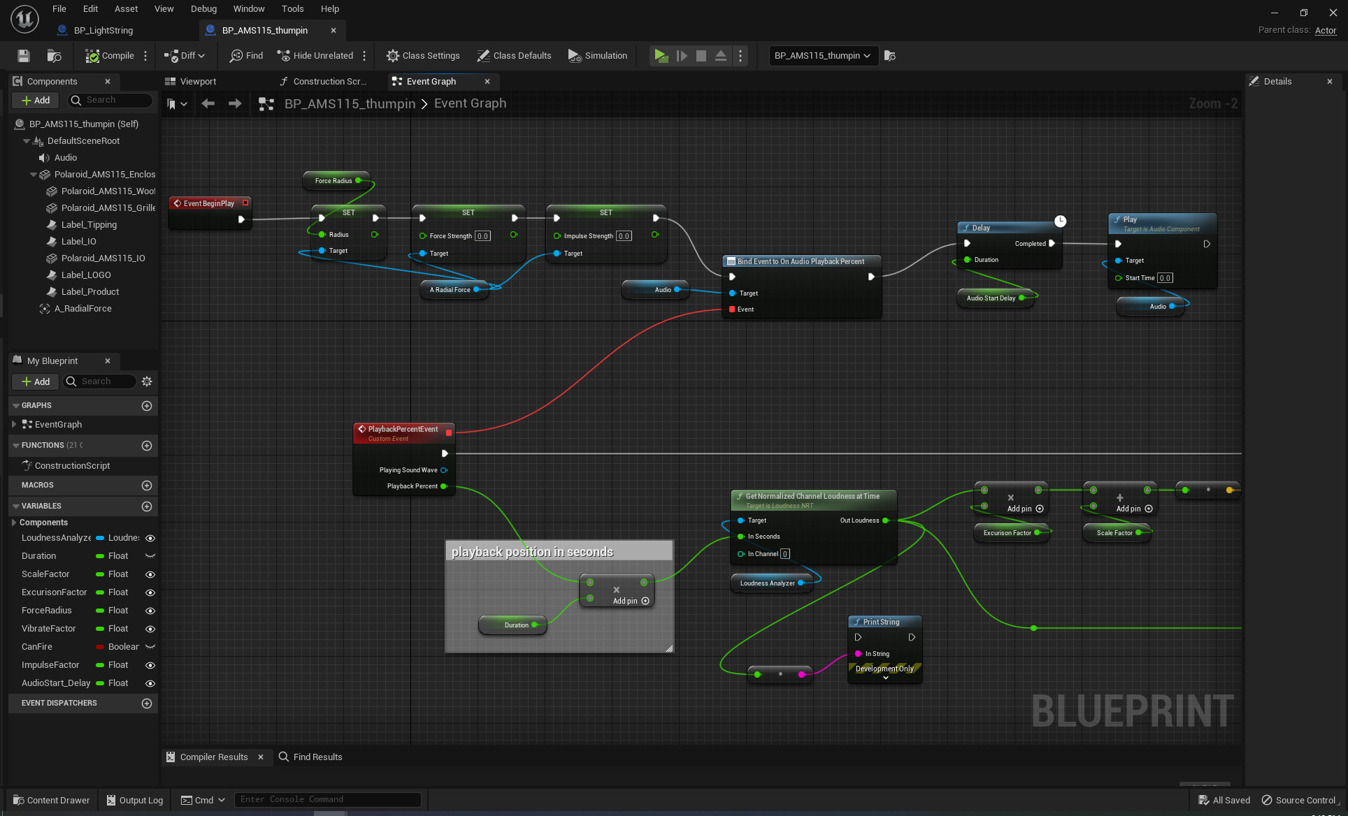 This is the blueprint that drives all of the physics and animation. This is the setup loads and plays the audio while setting necessary variables.