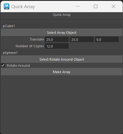 The custom window generated for the tool. The object you want to create an array of and the object you optionally want that array only need to be selected in-editor when the "select" button is pressed.
