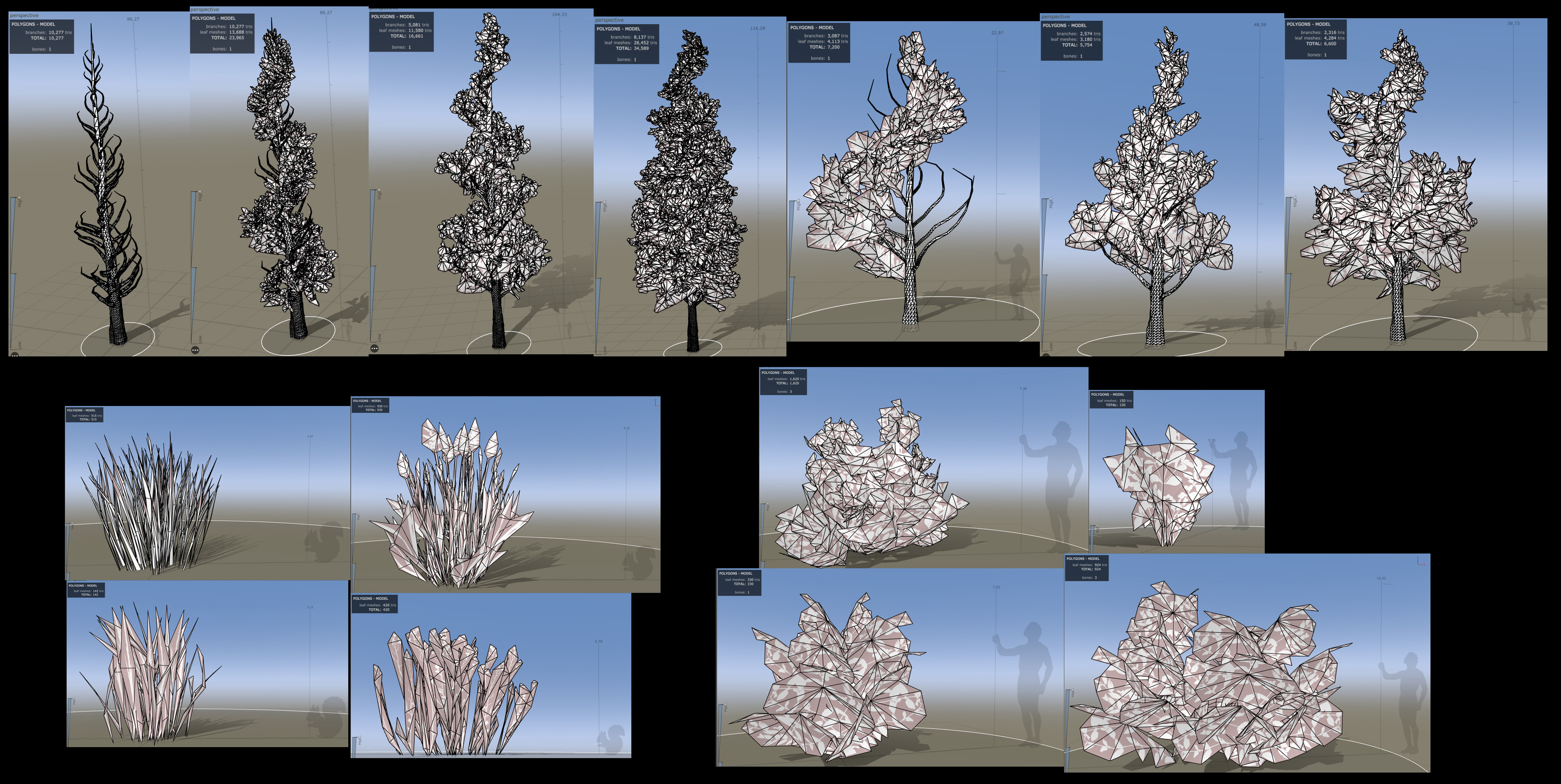 Trees and foliage created in Speedtree.  These include LODs and billboards, with modified Megascans textures.