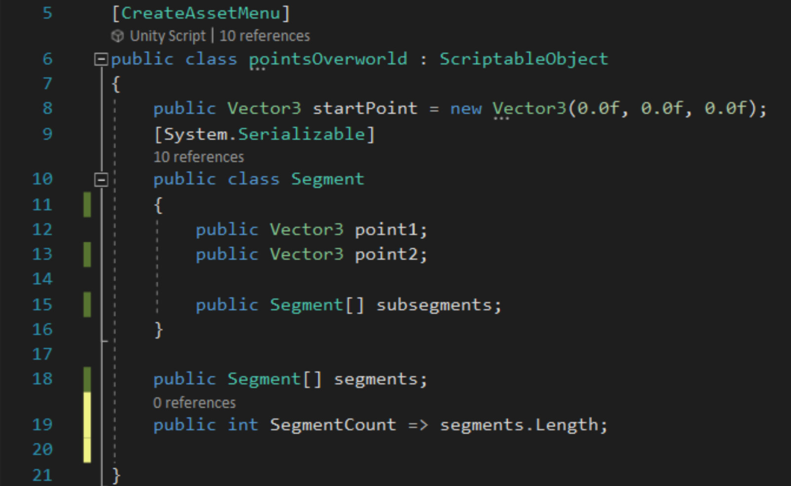 C# code that creates the scriptable object responsible for storing points, and allows a segment to contain other segments. This object can be created within the Unity asset menu.
