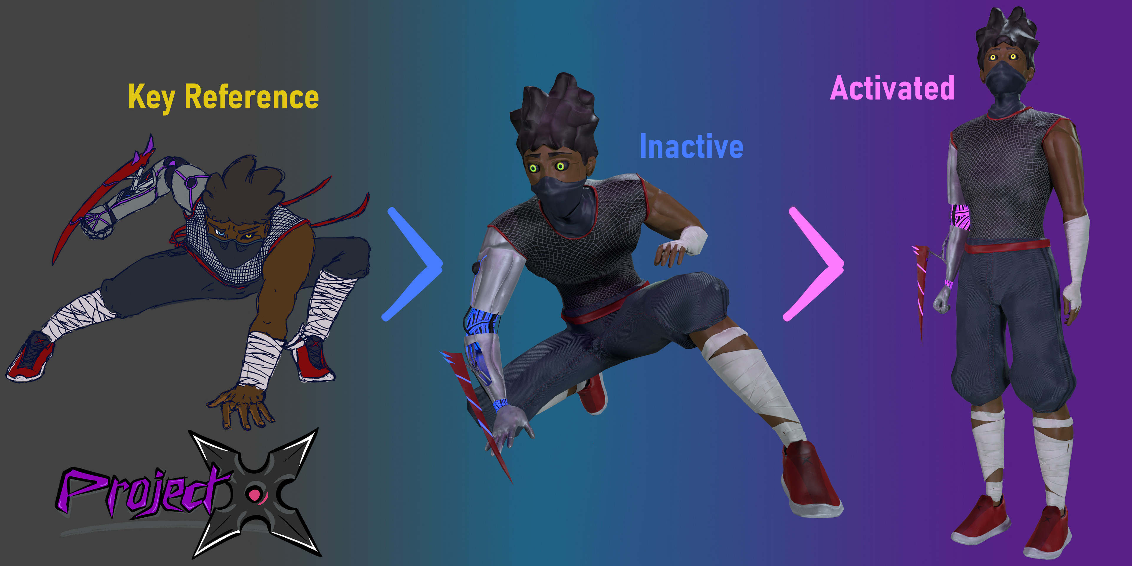 Key Reference &amp; two of Neve's in-game states, changing his eyes &amp; arm colors. Pink &amp; Yellow is his primary color scheme. In our demo, experience him awakening it.