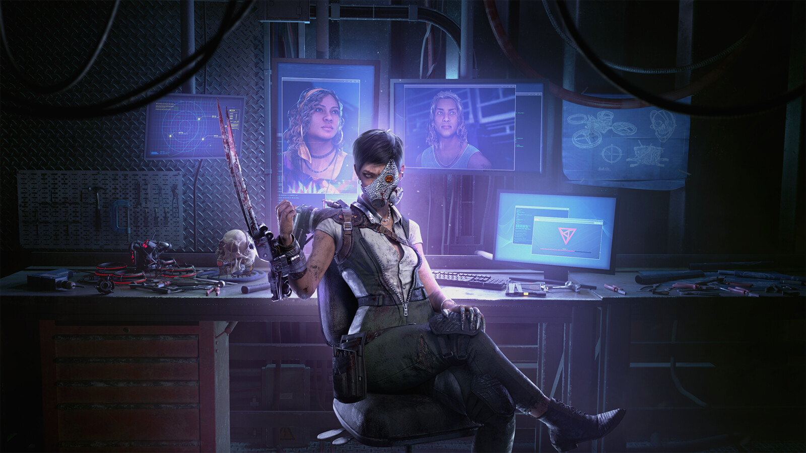 Model/texture/lighting/rendering/composition of all background elements (except hammer, skull and drone parts on the left). Upres of 2 survivor characters shown on screens.
