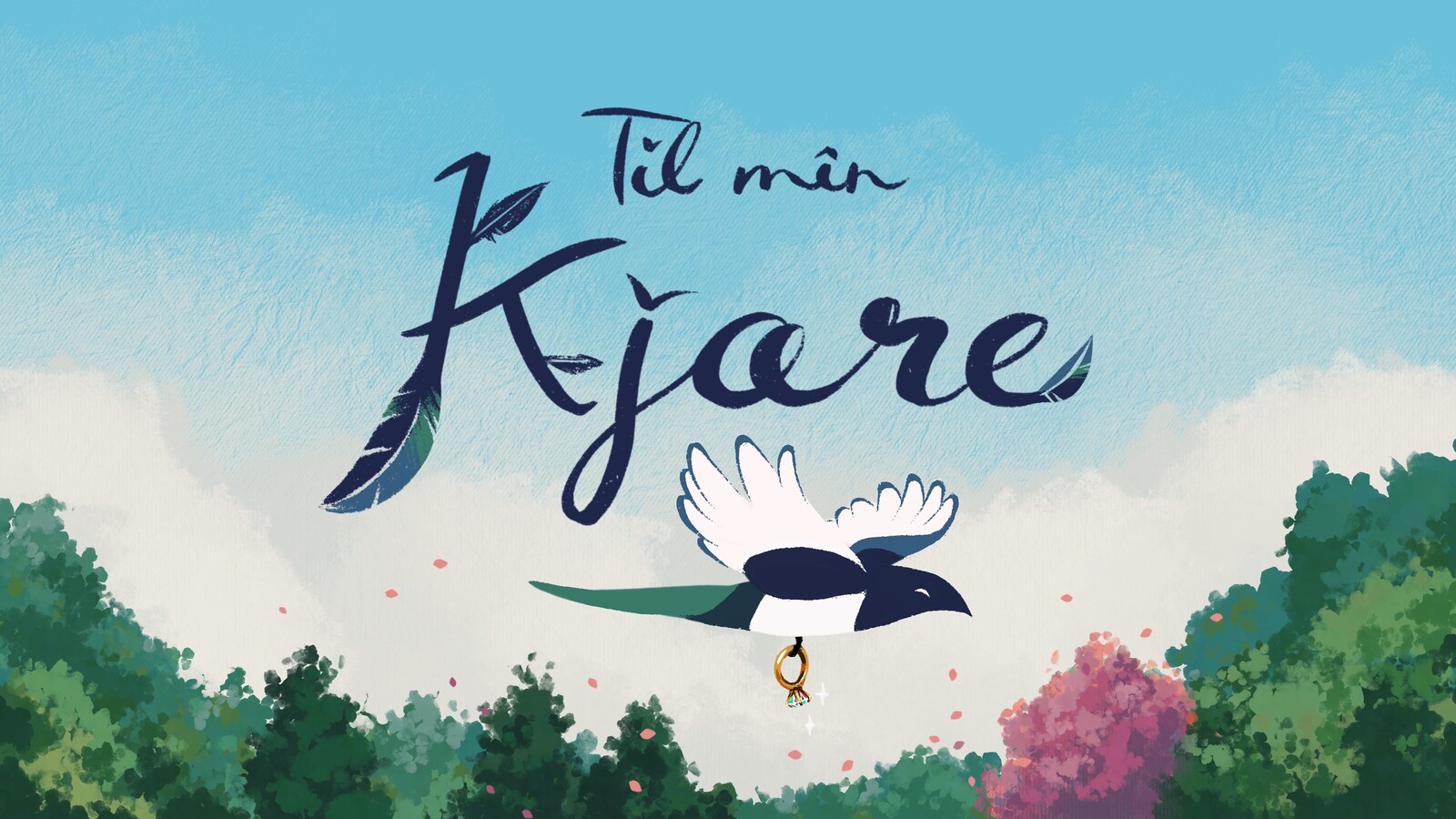 A little shortstory in illustrations about a magpie bringing a gift to its beloved. The title is in Norwegian and means "To my Beloved" (a wordplay on the norwegian word for magpie, ‘skjære’)