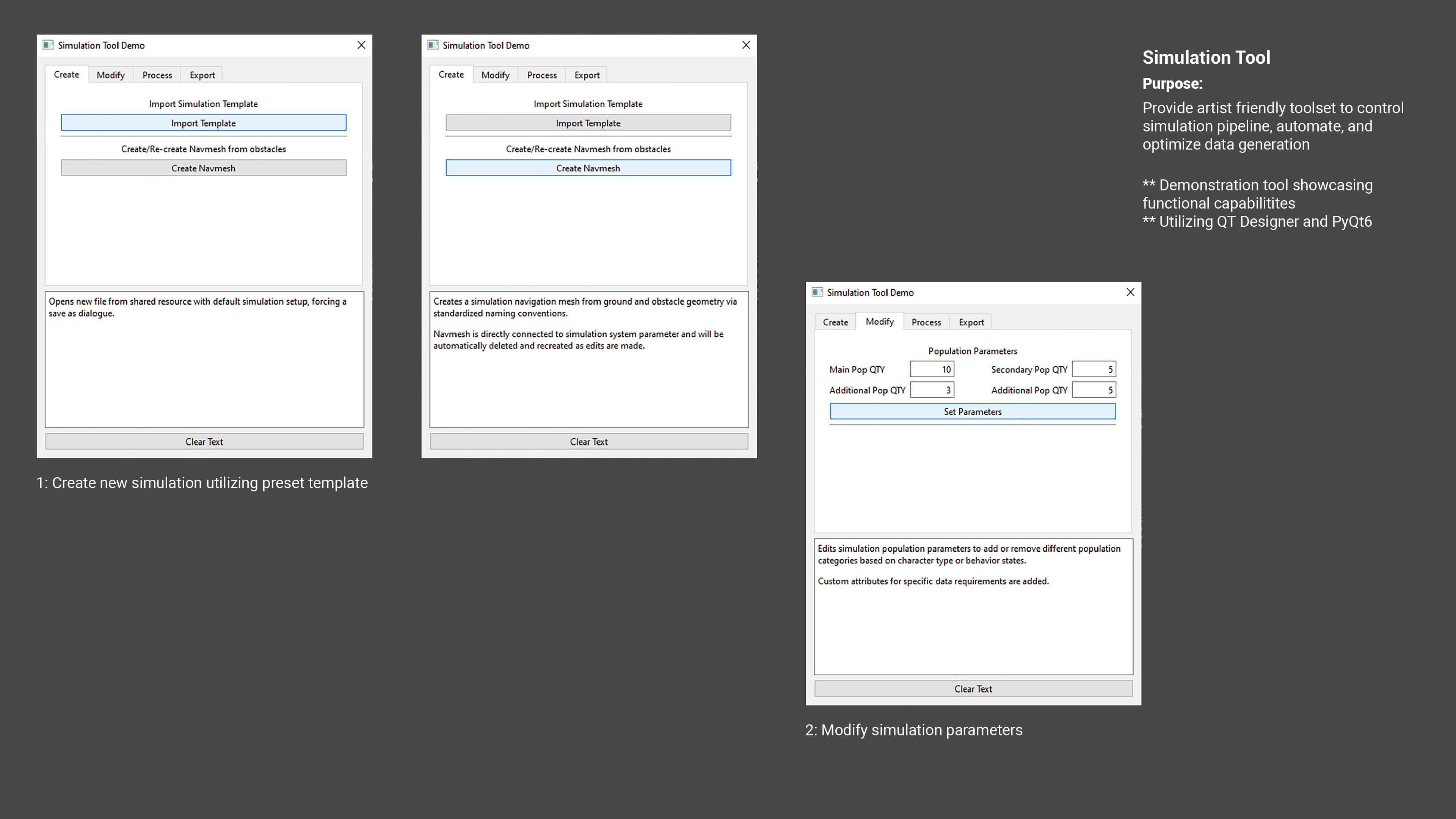 Python/PyQt6 pipeline demo tool for creating, editing, processing, and exporting a dynamics based simulation.
