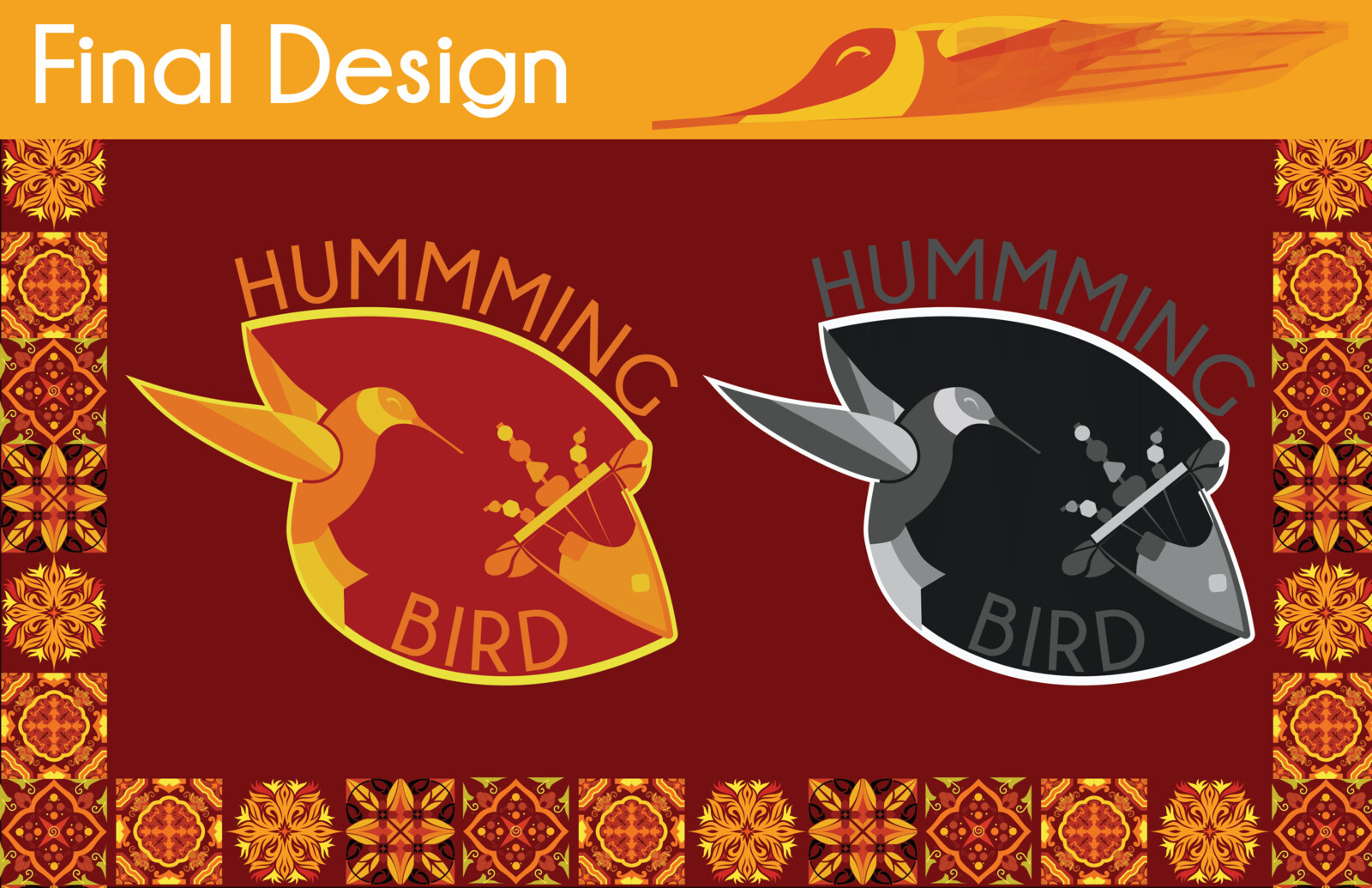 HummmingBird:Needing to break up our first project PDF into multiple PNG's to be viewable. This whole project was a wonderful experience. We had to design a brand for our food truck. My chosen food. Tapas. This was for VC - 261. How it looks in greyscale.