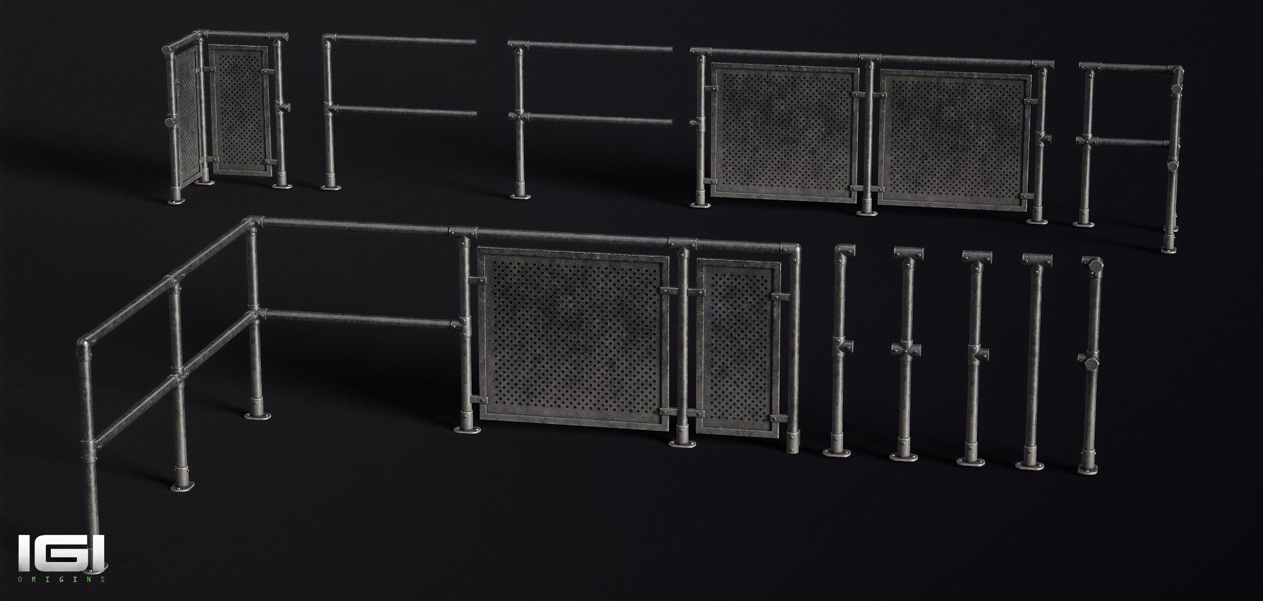 Handrail kit created for this level. All kit pieces are textured using a single atlas material.