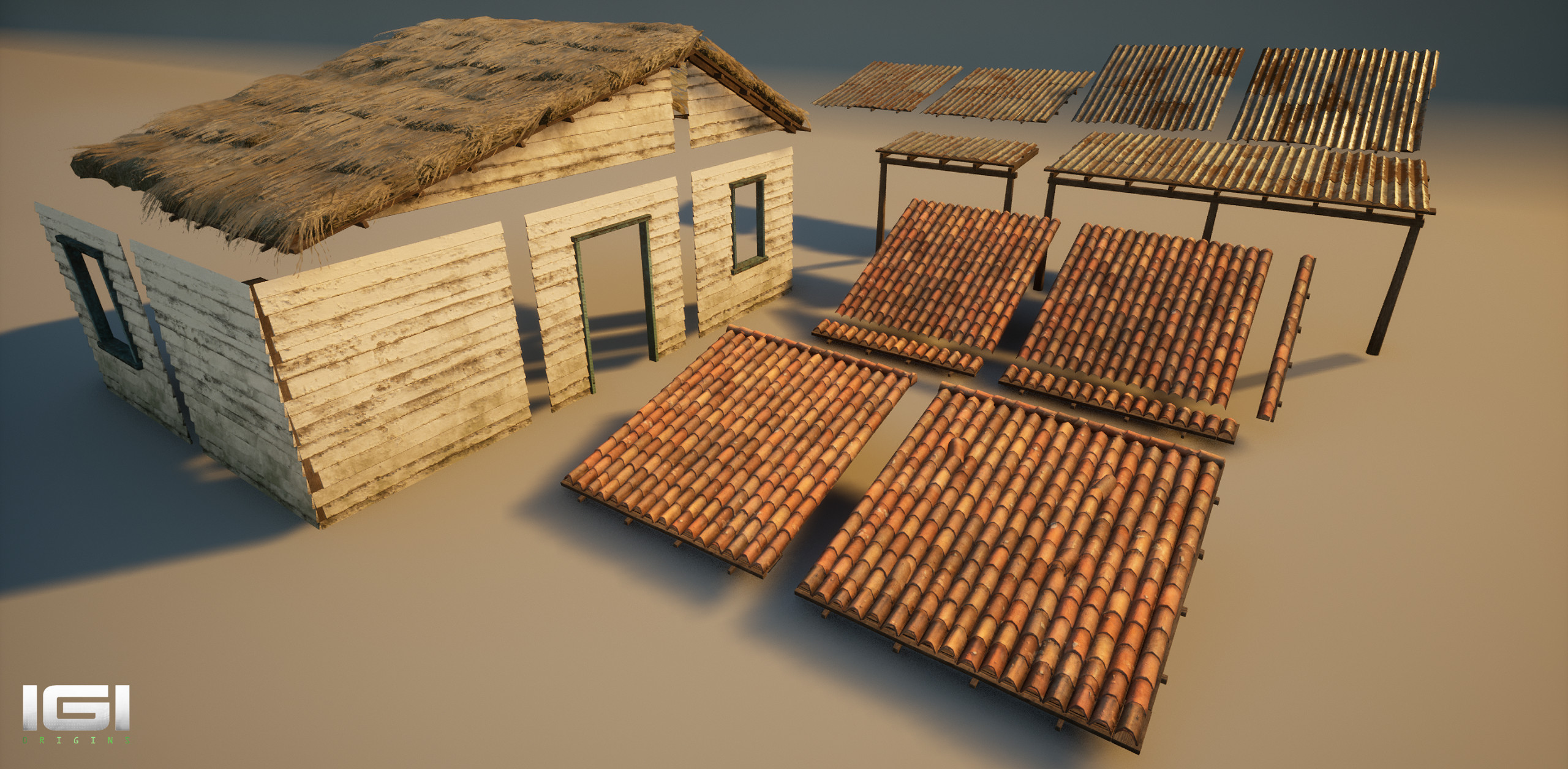 Rural house kit. Utilises tileable/trim sheet workflow. Modelled out the roof pieces based on tileable materials to add depth, and created thatched roof alpha cards in SpeedTree.