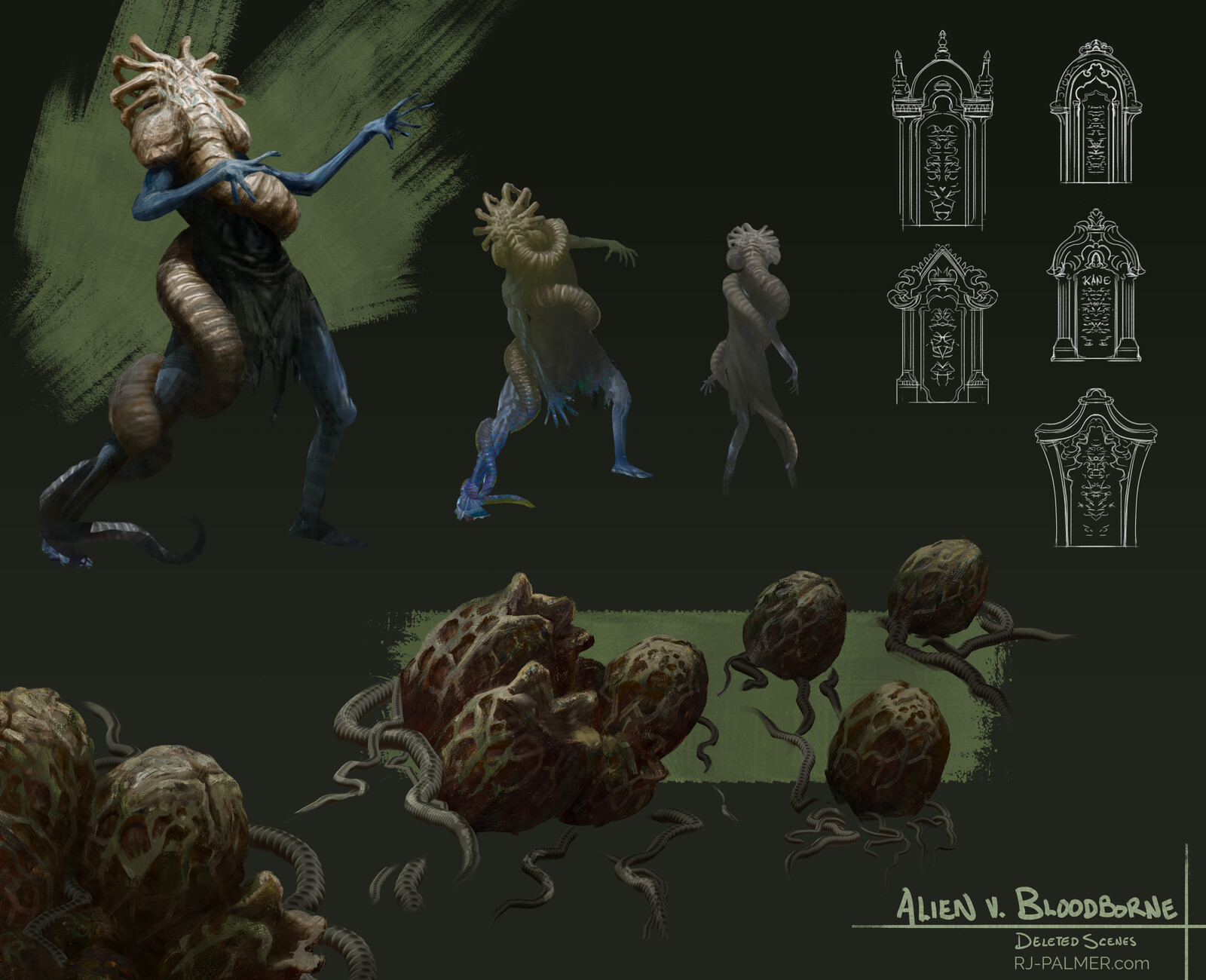 Finally what release is complete without some deleted scenes. I really wanted to fit so much into one painting, definitely too much ultimately. Particularly proud of the giant facehugger zombies idea and the amygdala head xenomorph eggs.