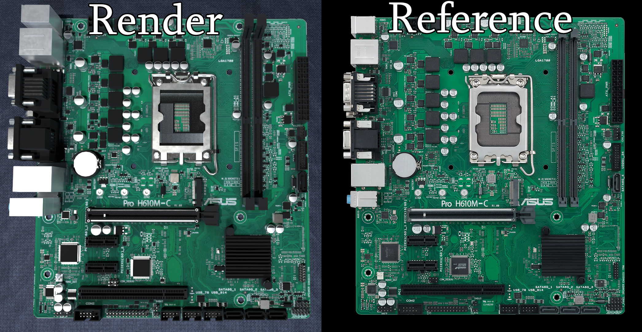 Comparison between render and reference.  the render uses the reference as a texture for the board