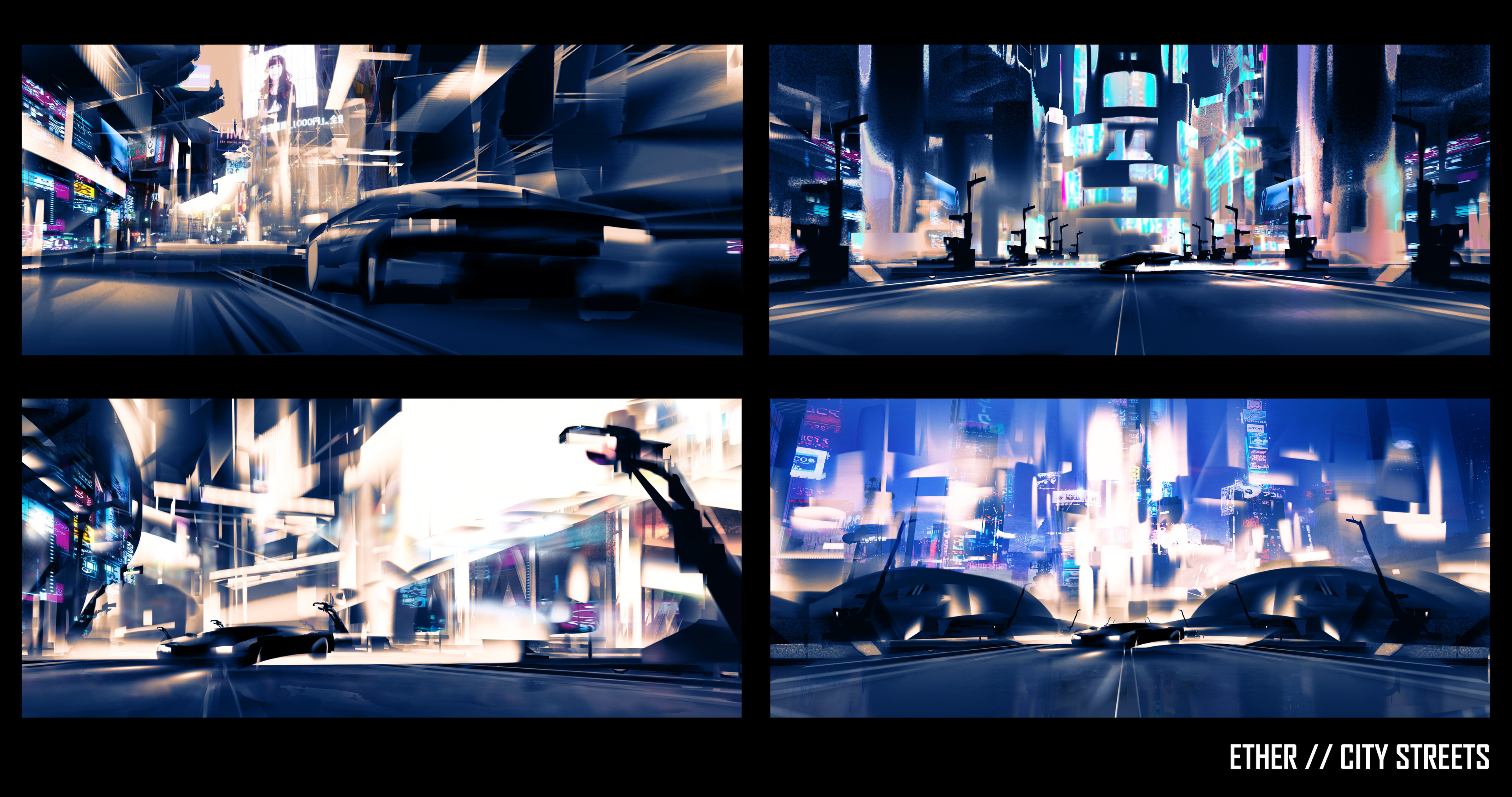 color sketching of the city streets. playing with how the city lights would silhouette the car and characters.