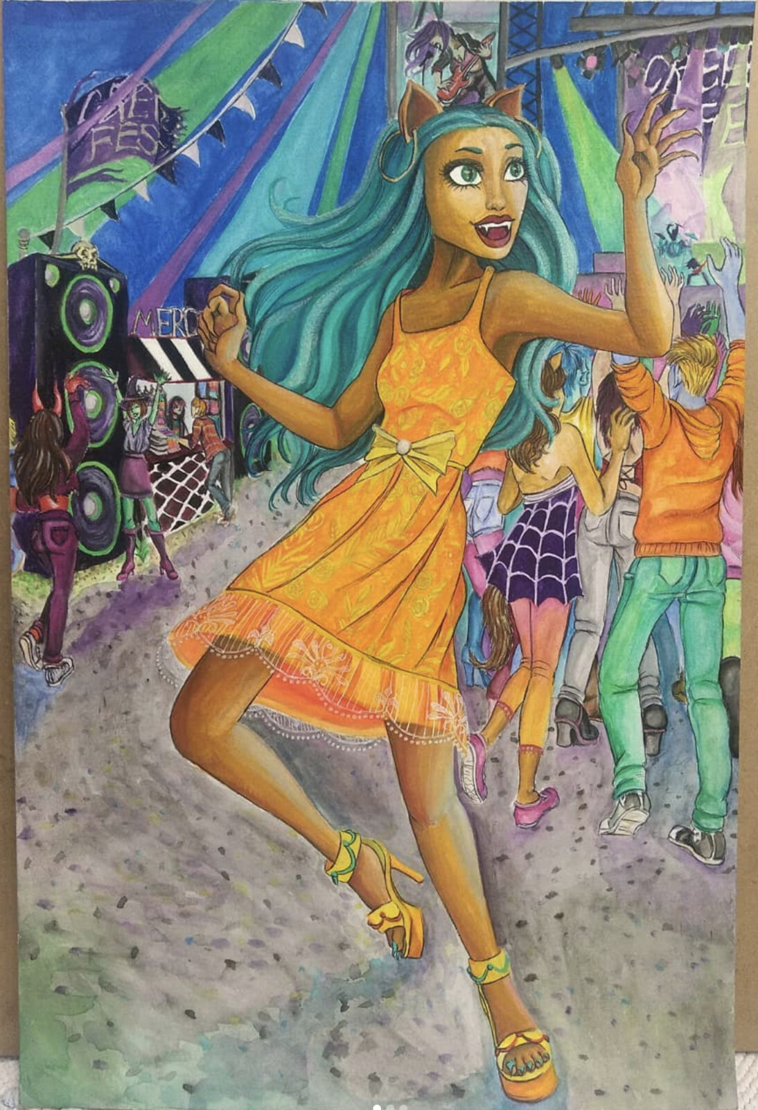 Werewolf with teal hair dancing at a music festival.