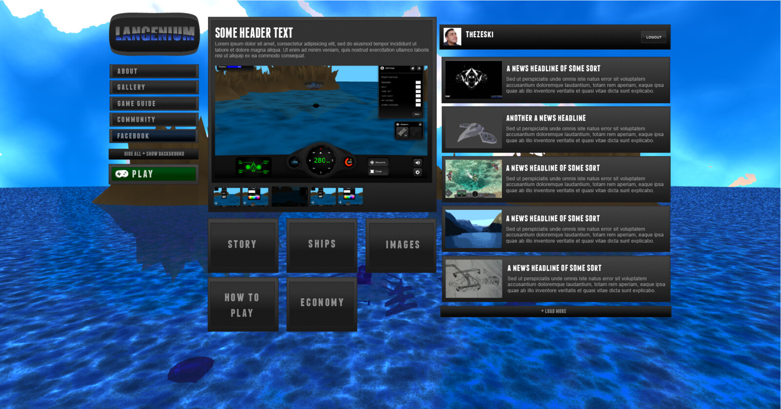 Design concept of the website using the game engine as a background.