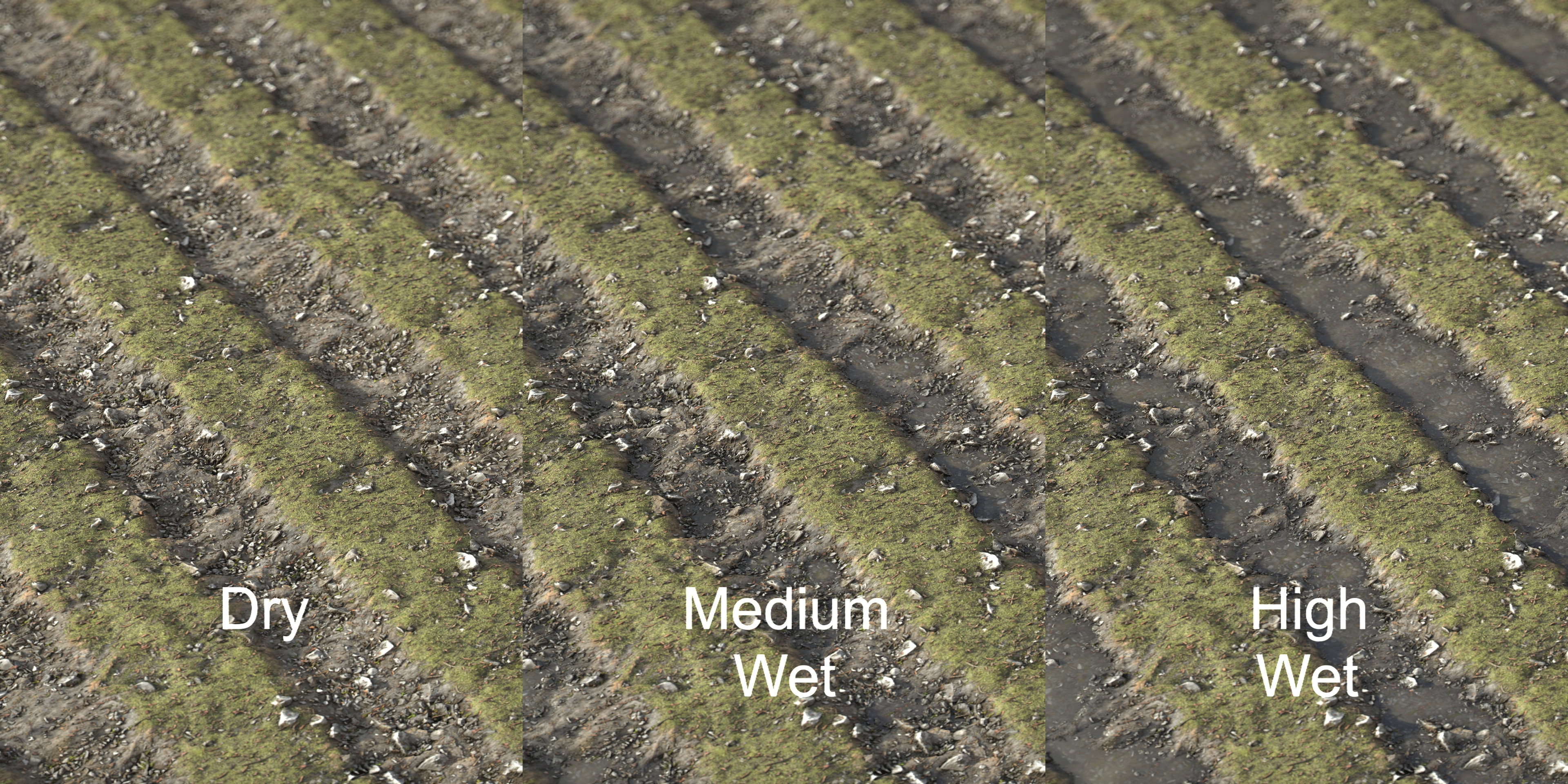 Different wetness versions used for the Unreal Engine 5 scene.