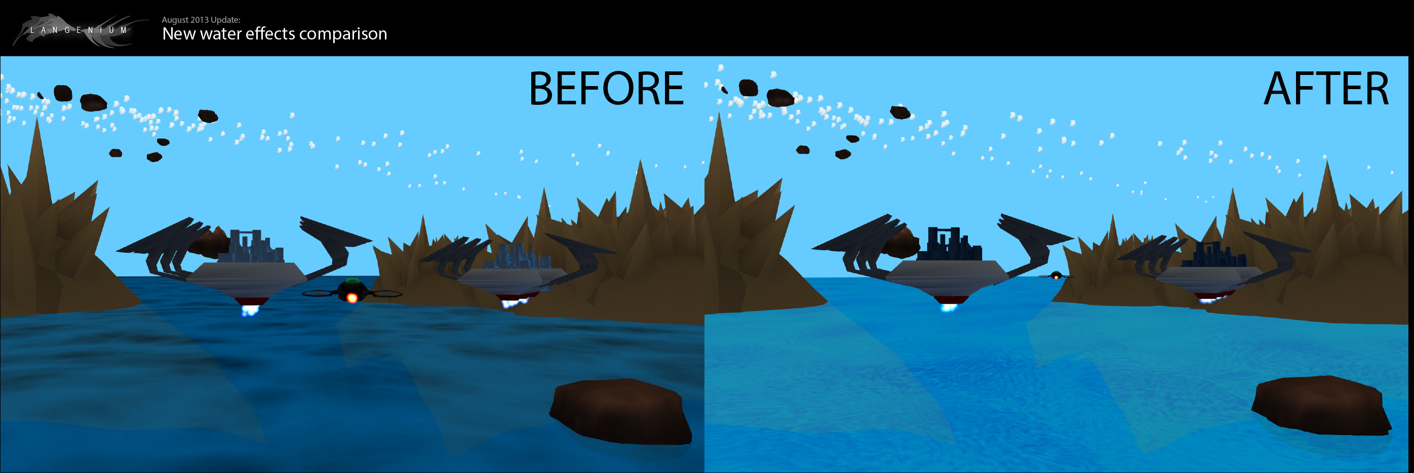 A comparison of old and new water shaders in the game's main scene.
