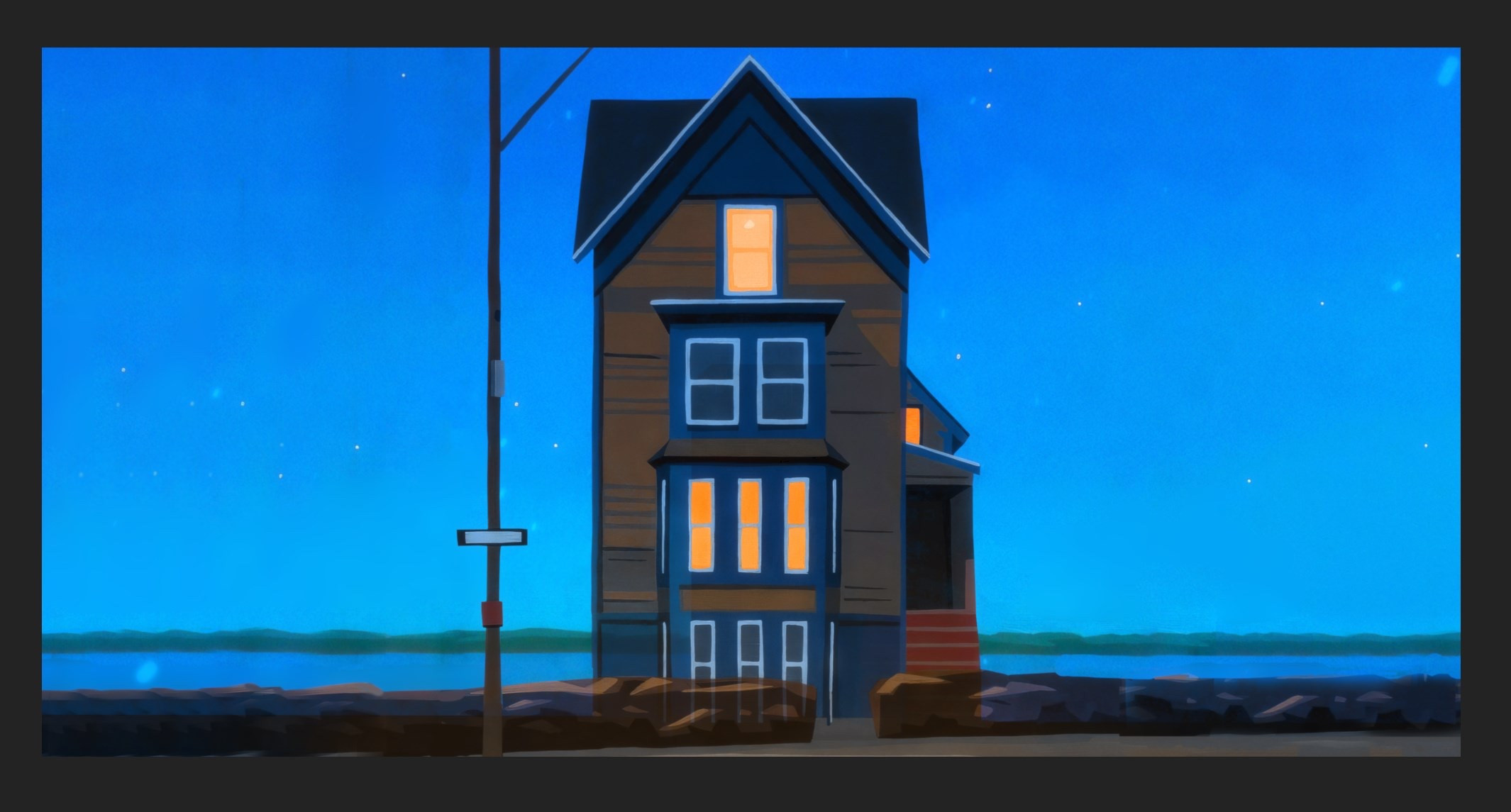 Experience the beauty of the swan and the cyan goose, and admire the orange windows that frame gorgeous city skylines