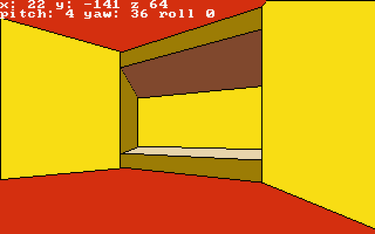 The first 3D rasterizer I wrote into Rex Engine was a sector-and-portal approach, which is very similar to the one used by Duke Nukem 3D. This image shows an early example, with variable height neighboring sectors connected by a "portal".