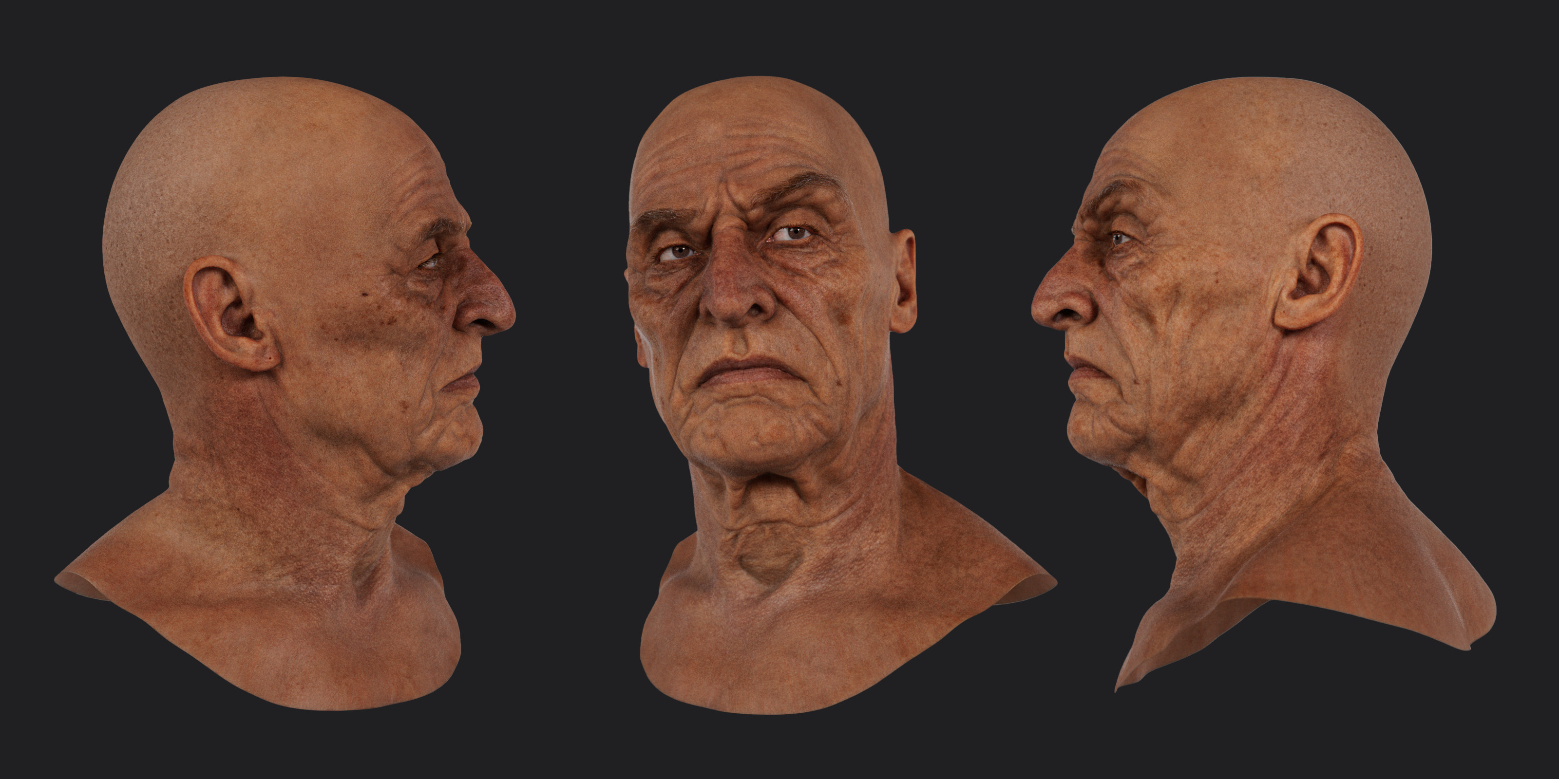 The texturing of the skin took some time as getting the aged and sun-distressed look took quite a bit of back and forth. Some facial hair (eyebrows, eyelashes, and vellus hairs) has already been added to help with the final look.