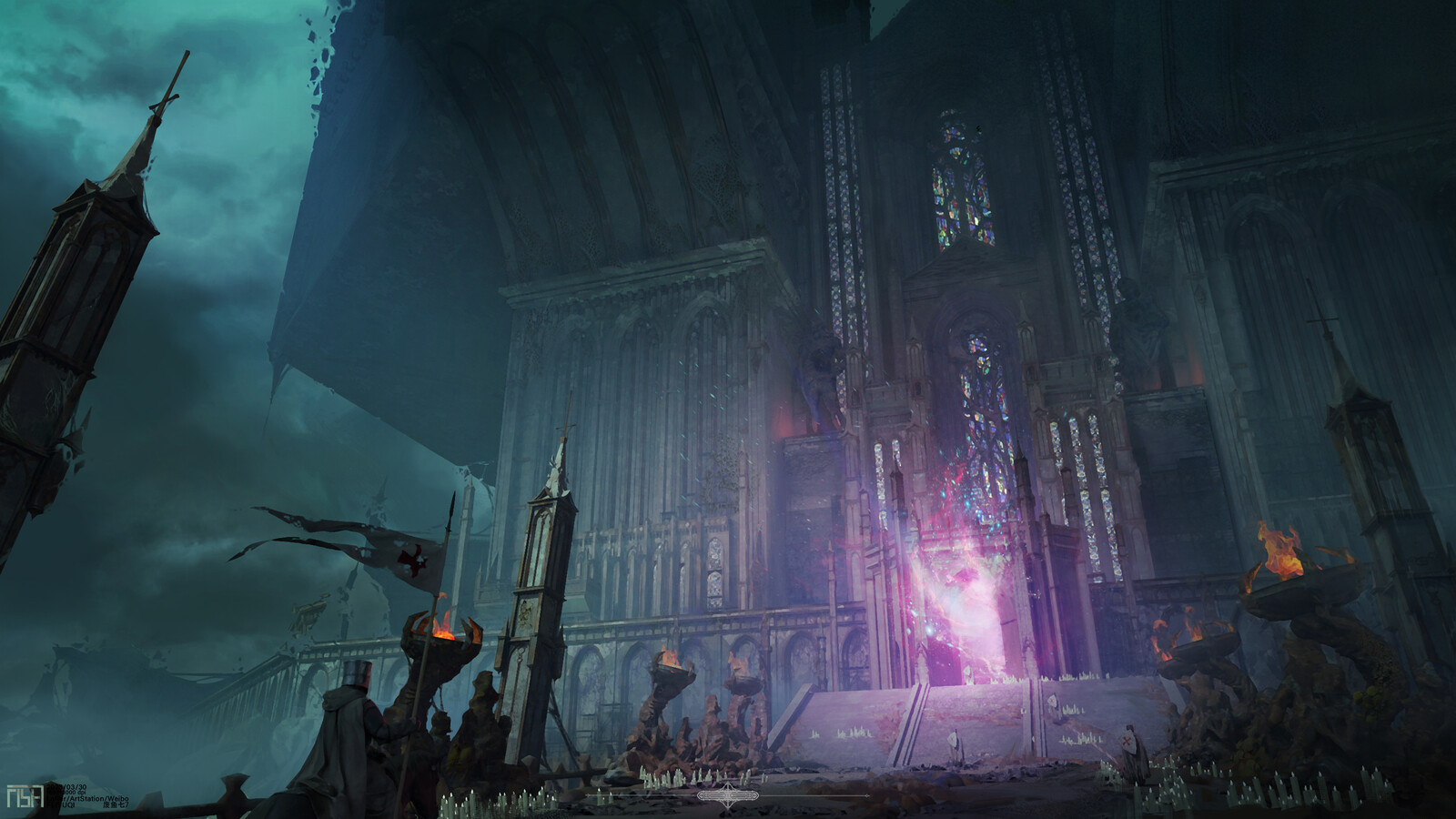 a knight bearing a pennant approaching an enormous cathedral with pink flames emanating from the door