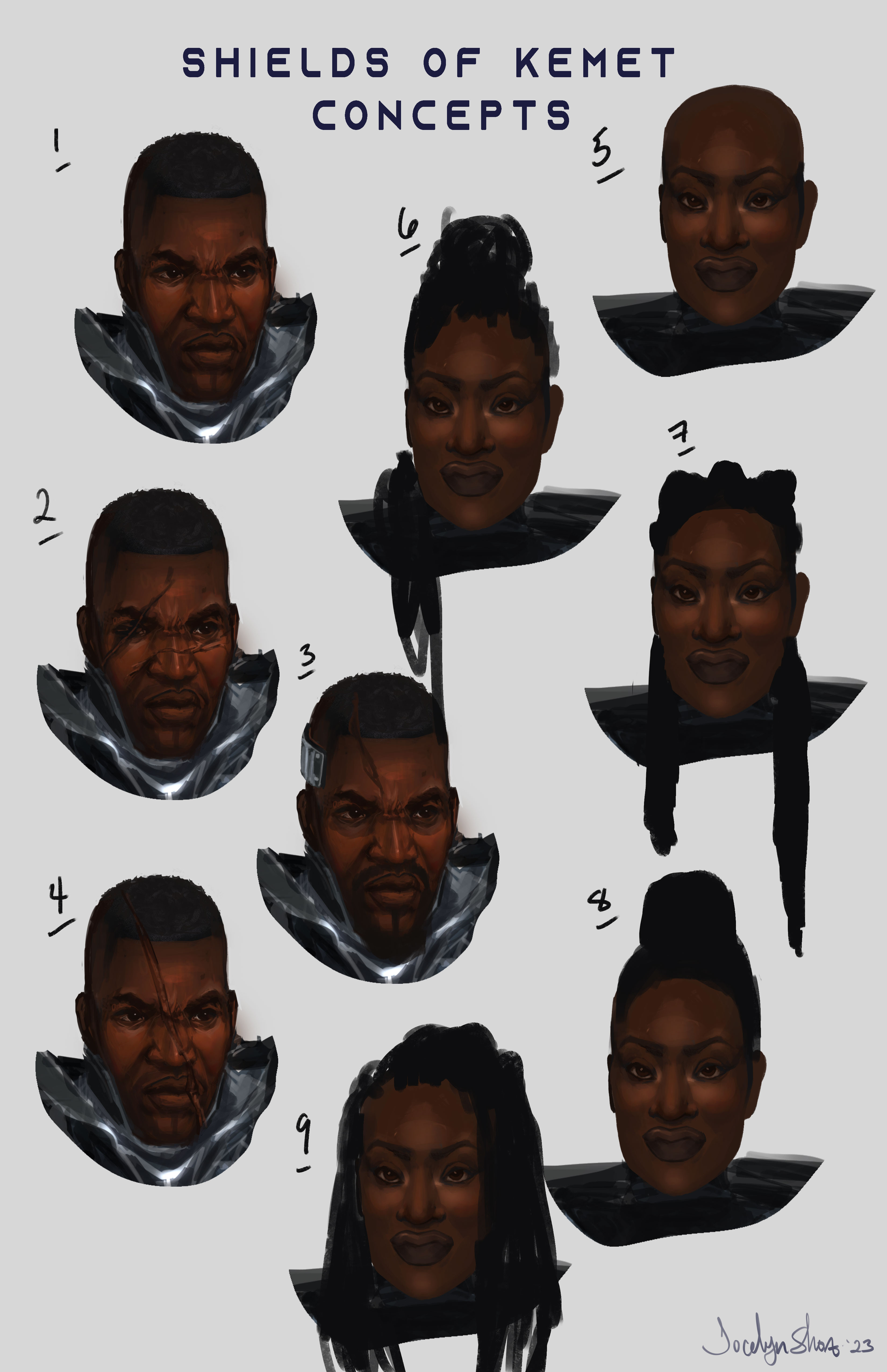 Hairstyle and facial scarring variations.