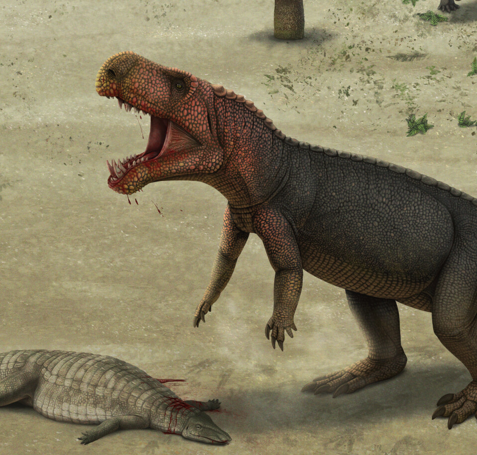  Dynamosuchus preying on a young Aetosauroides