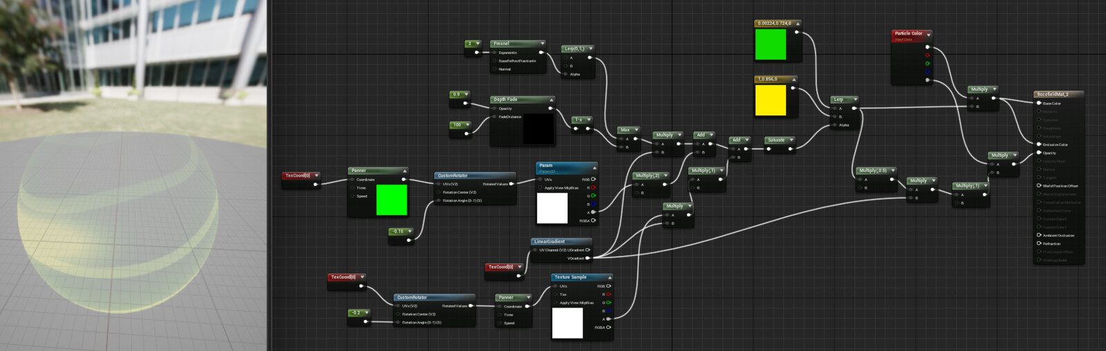The material for this phase, including luminance based on a fresnel node, a depth pass and panning textures.