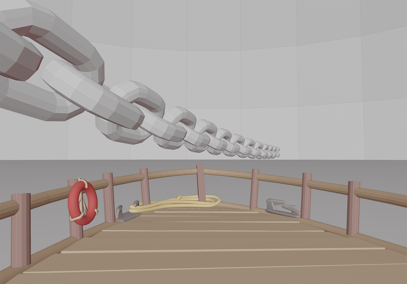 The scene was built in Blender, but the entire foreground boat was made with Gravity Sketch. This also shows a different position for the chain, before the client asked for it to be moved higher.