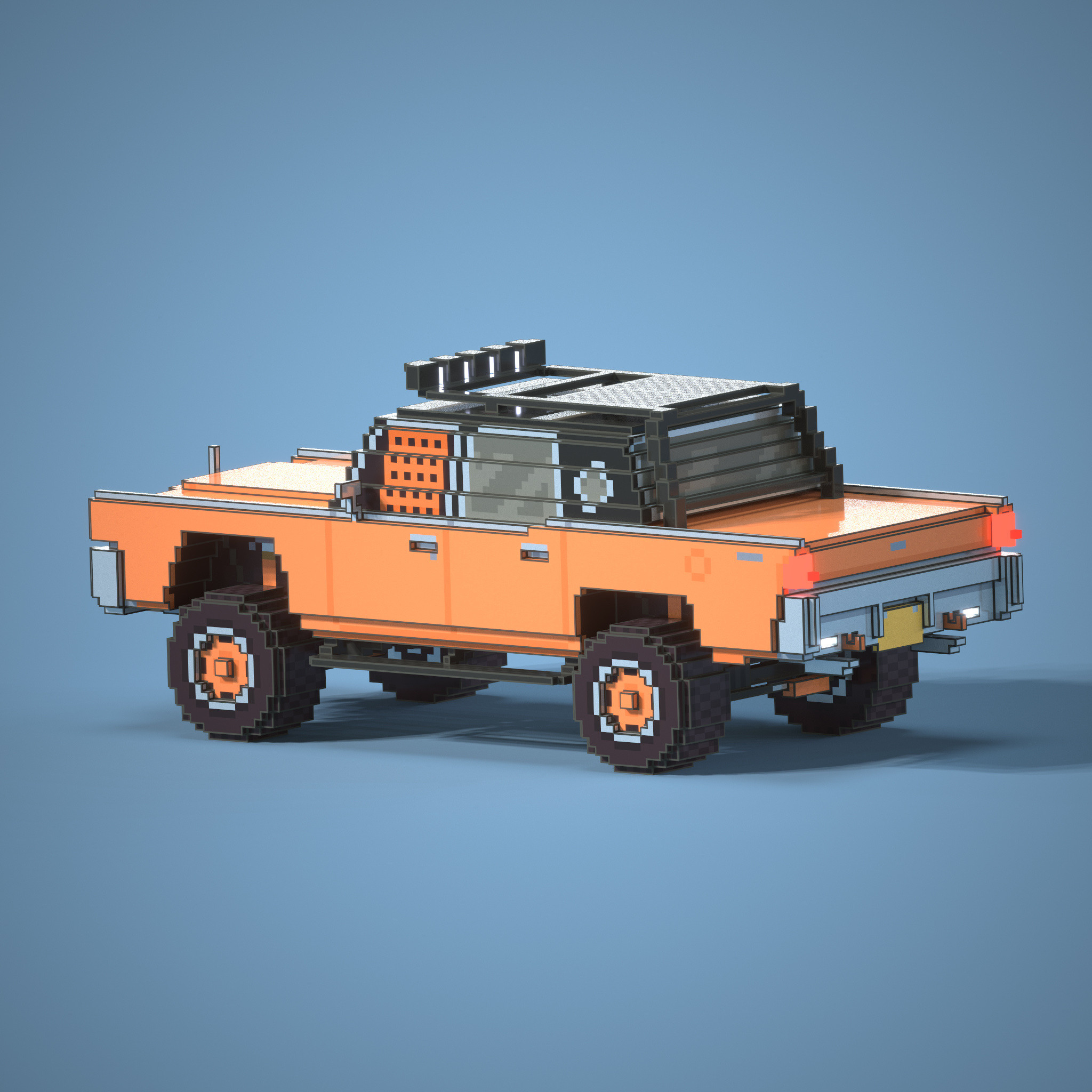 Rear view of a voxel Lincoln Continental with various off-road modifications.