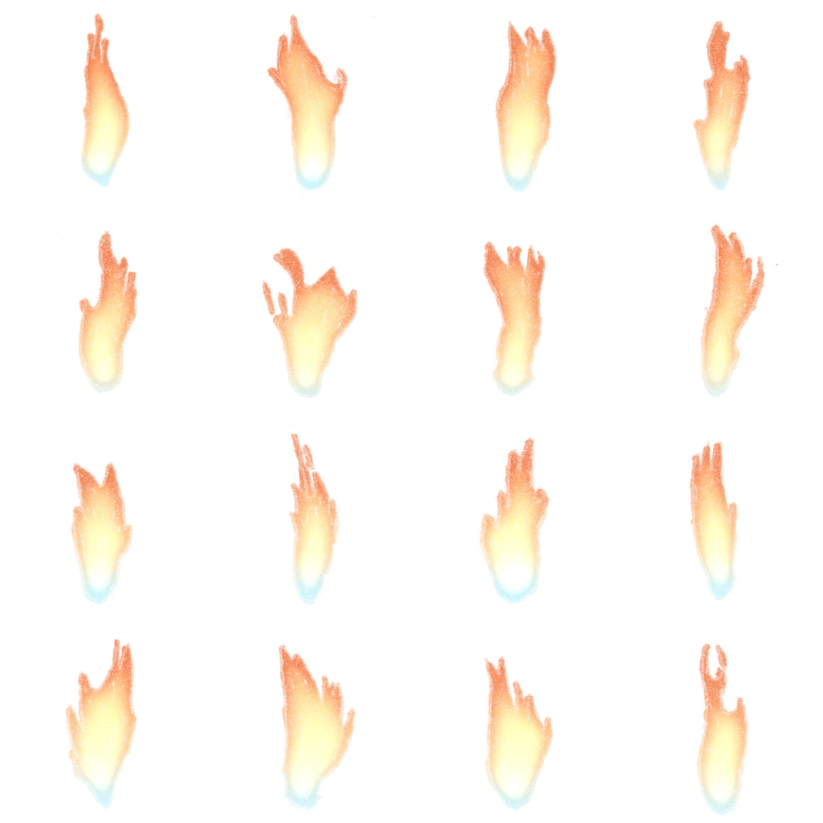 Flames scanned and laid out onto a flipbook texture grid, with colour gradients added in Photoshop.